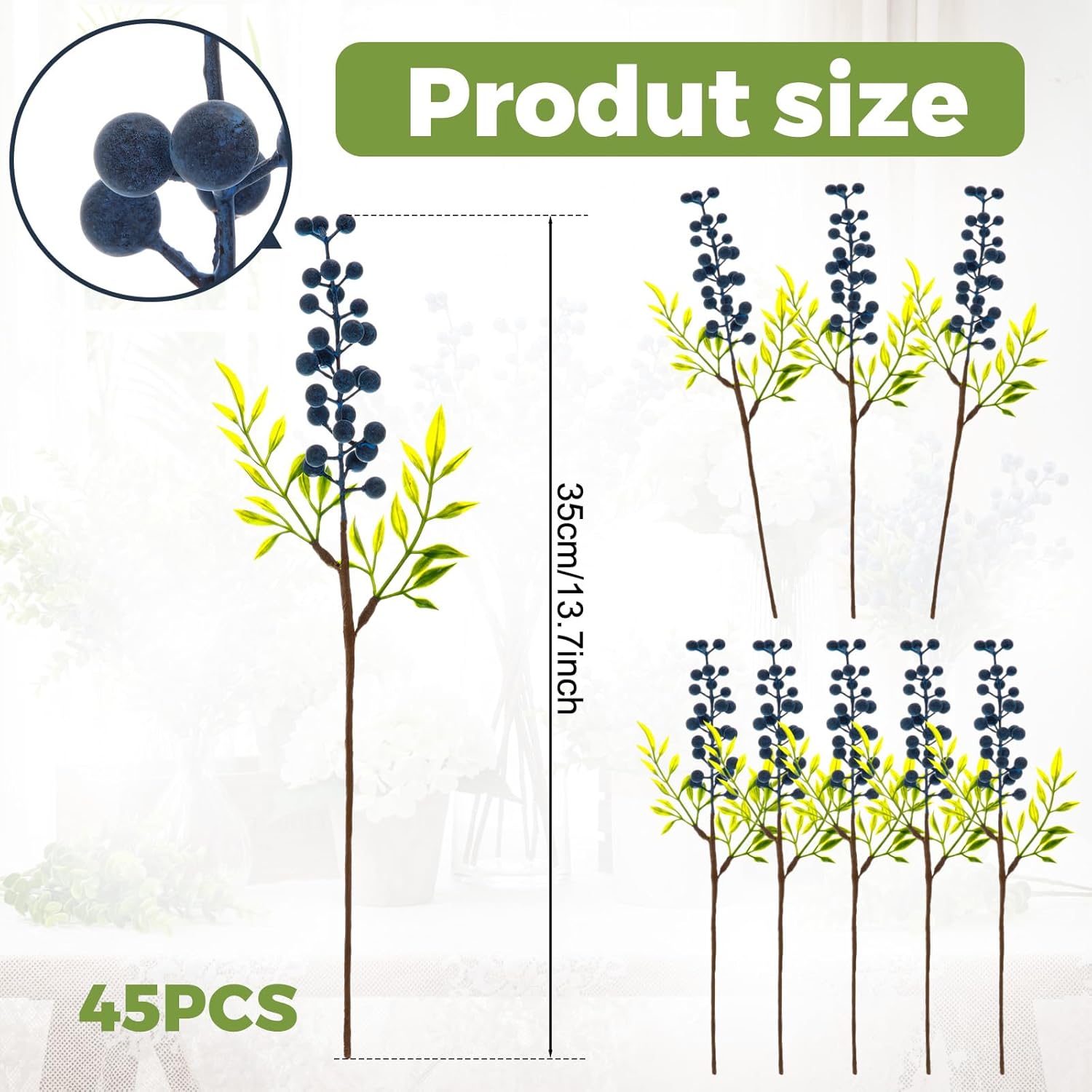 Giegxin 45 Pack Artificial Blue Berry Stems Fake Blueberries Picks, Artificial Flowers Decorative Stickers, Faux Blueberry Accessories for Party Wedding Decoration Home (13.7 Inch)