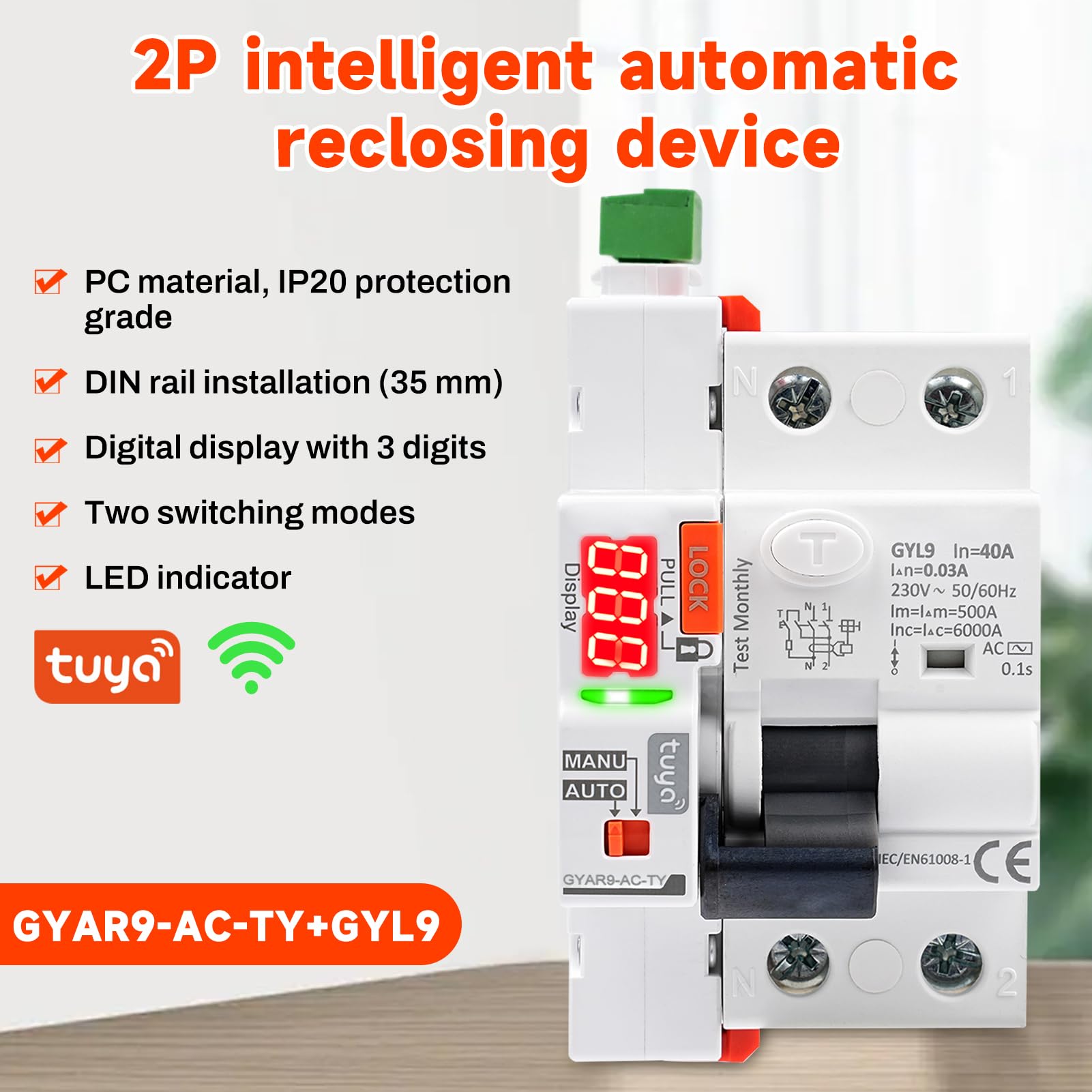 Jadeshay Interruttore Differenziale WiFi 40A 30mA Salvavita con Riarmo Automatico Magnetotermico Interruttore Controllo Remoto Tramite Tuya sul Cellulare o Manuale,Differenziale Tipo AC Display LED