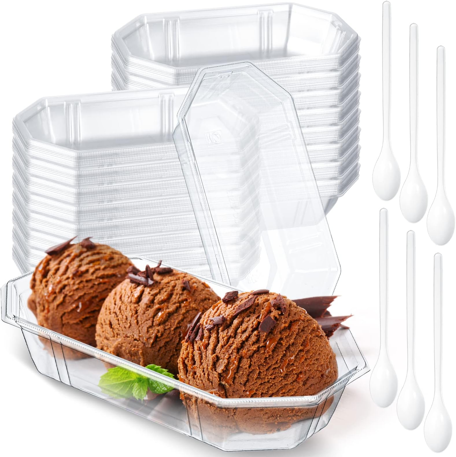 Harloon50 Pack Banana Split Boats with 100 Pcs Plastic Spoons 12 oz Plastic Clear Disposable Ice Cream Sundae Bowls Perfect Oblong Dish Cups for Social Event Kids Birthday Party Dessert Tray