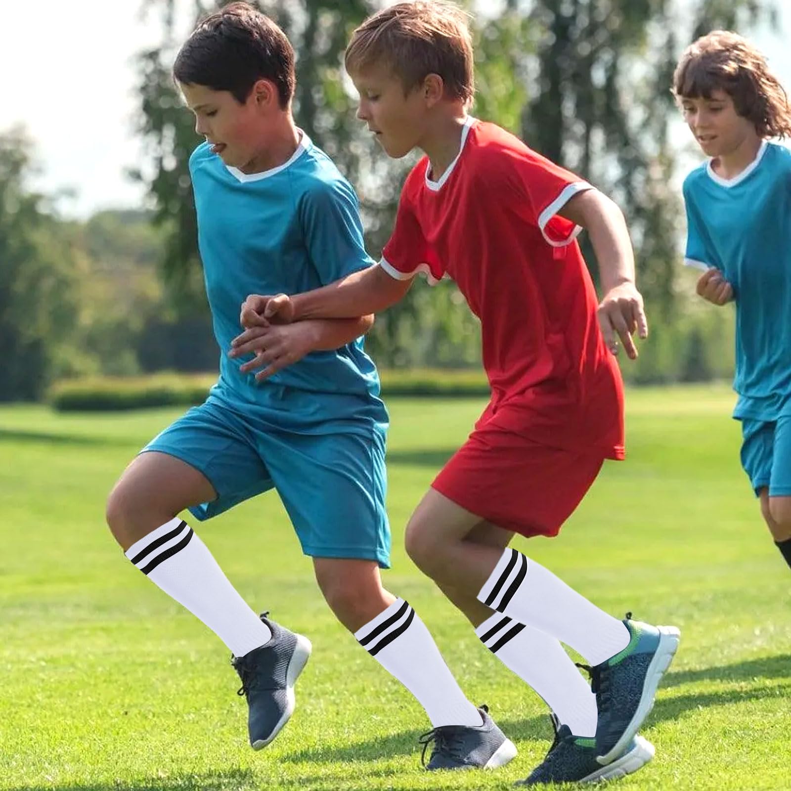 Risipu 4 paia di calzini da calcio per bambini, traspiranti, calzini lunghi da calcio sportivi, per allenamento quotidiano per corsa e allenamento per bambini ragazzi ragazze adolescenti