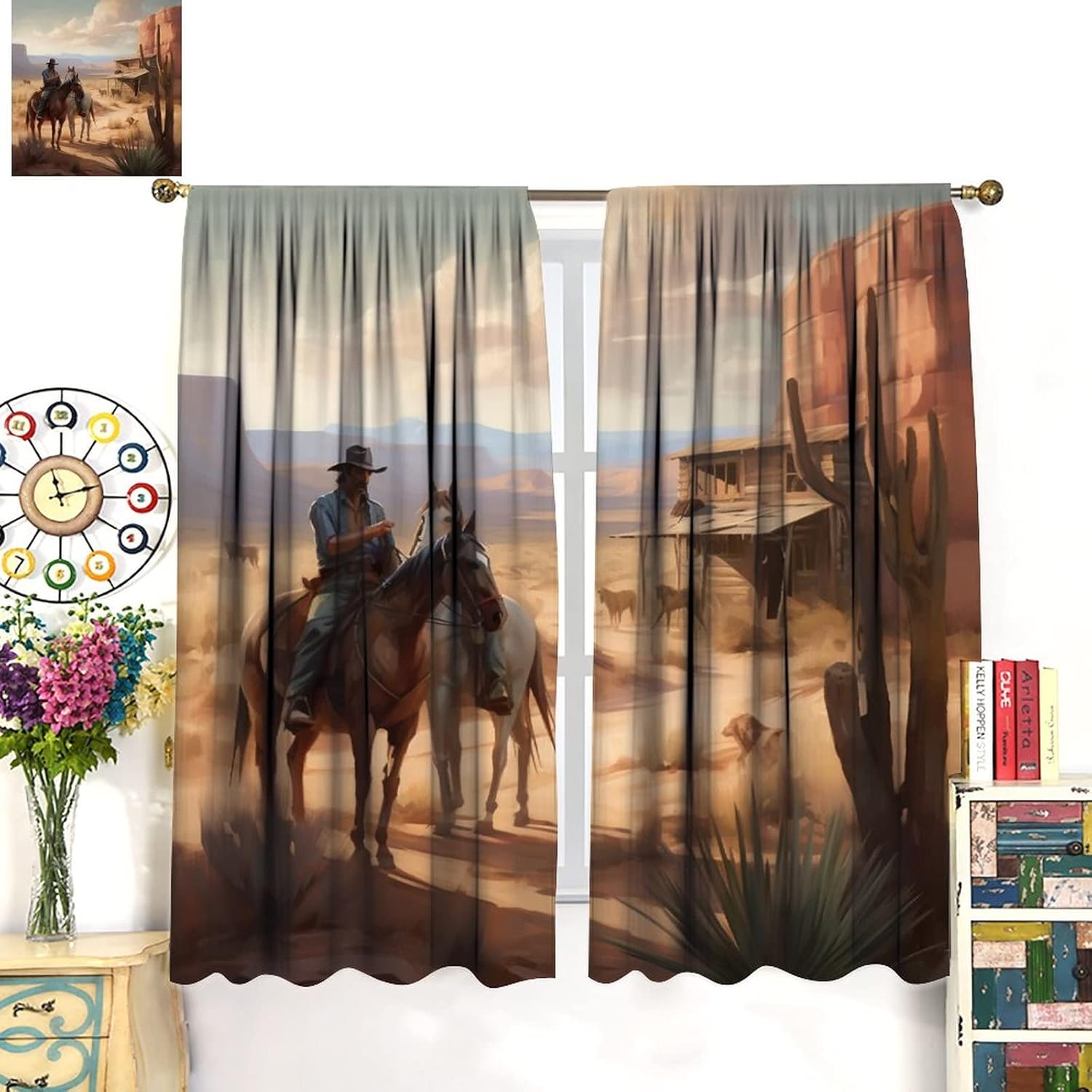 Western Cowboy Blackout Curtain,Vintage Farmhouse Country Western Desert Cowboy Horse Cactus Home Decor Windows Rod Pocket Curtains for Office Bedroom Living Room Drapes 42x45 Inch