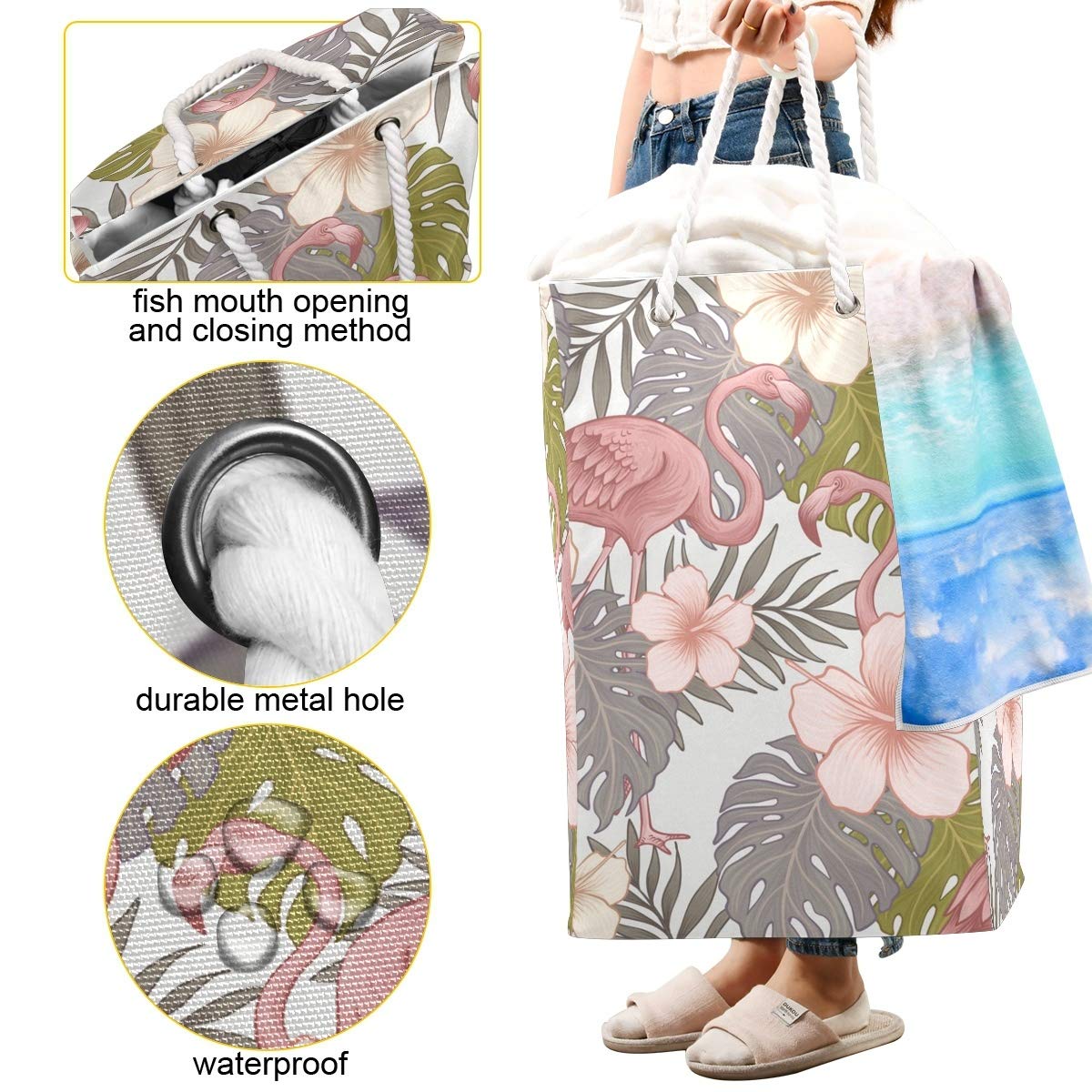 Großer Wäschesack mit tropischen Blumen, Flamingo, freistehend, faltbar, mit Tragegriffen