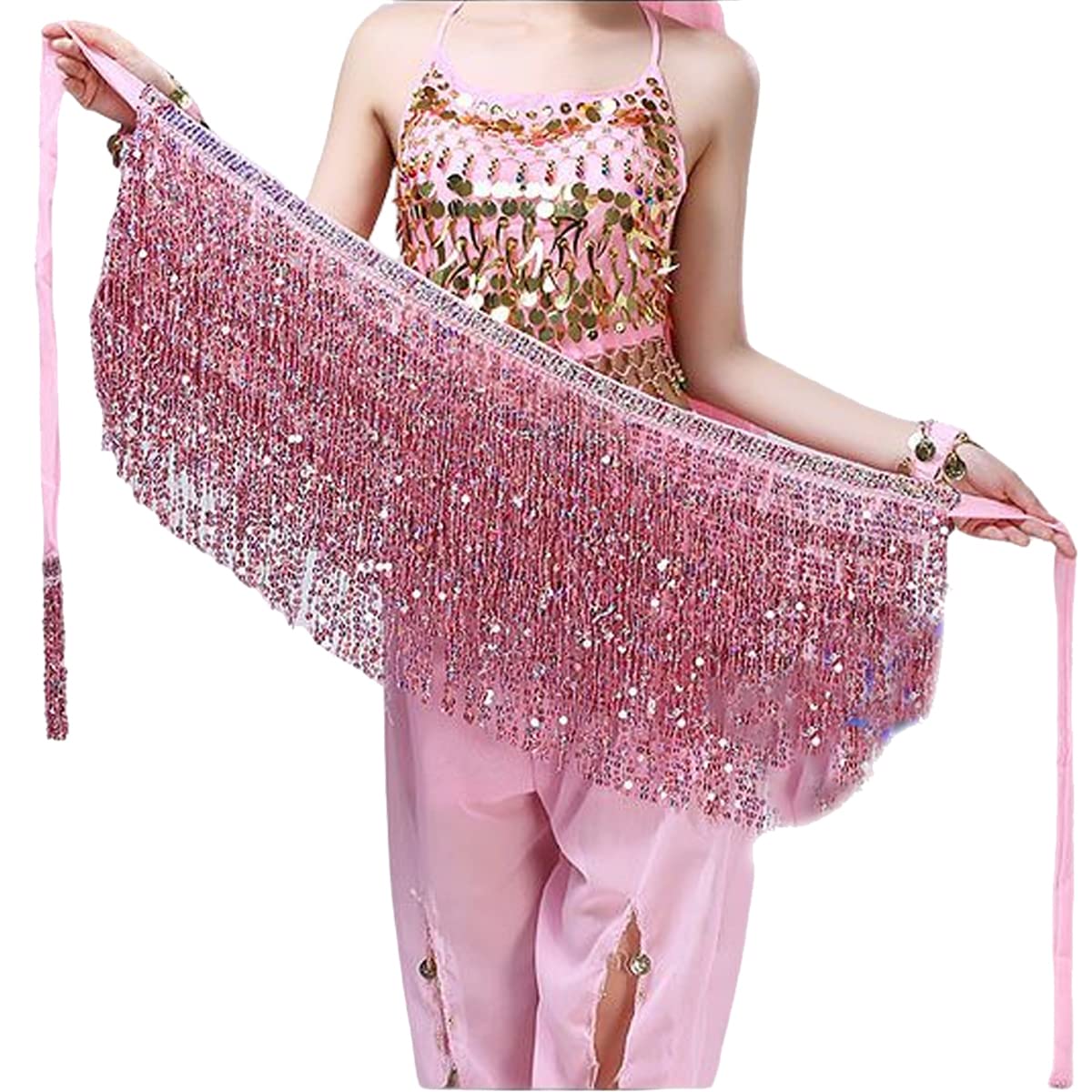Morices Women's Pink Belly Dance Skirt With Sequin Tassel, Latin Dance Hula Hip Scarf Performance Outfit For Girls (Pink)