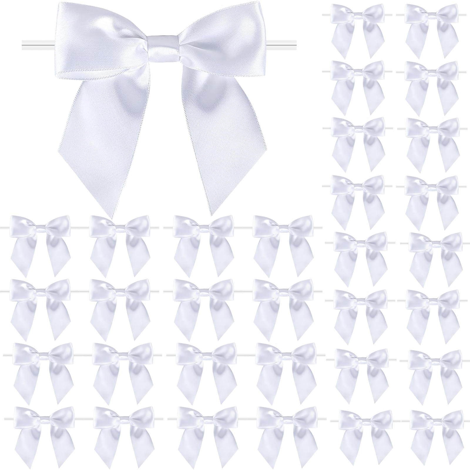 Fbshicung 115 Pack Twist Tie Bows for Treat Bags 3" White Satin Ribbon Bows for Package Craft Gift Wrapping Decoration (White)