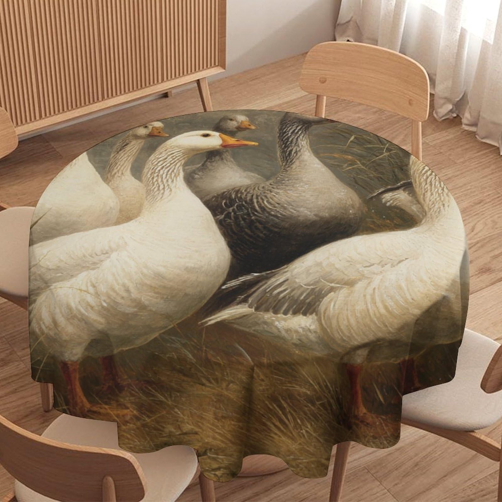 LUYYSKY Classic Realistic Animal Geese Waterproof Round Tablecloth Modern Vintage Fall Botanical Plant Reeds Pattern Washable Table Cover for Kitchen-91.4" Wx91.4 L cm