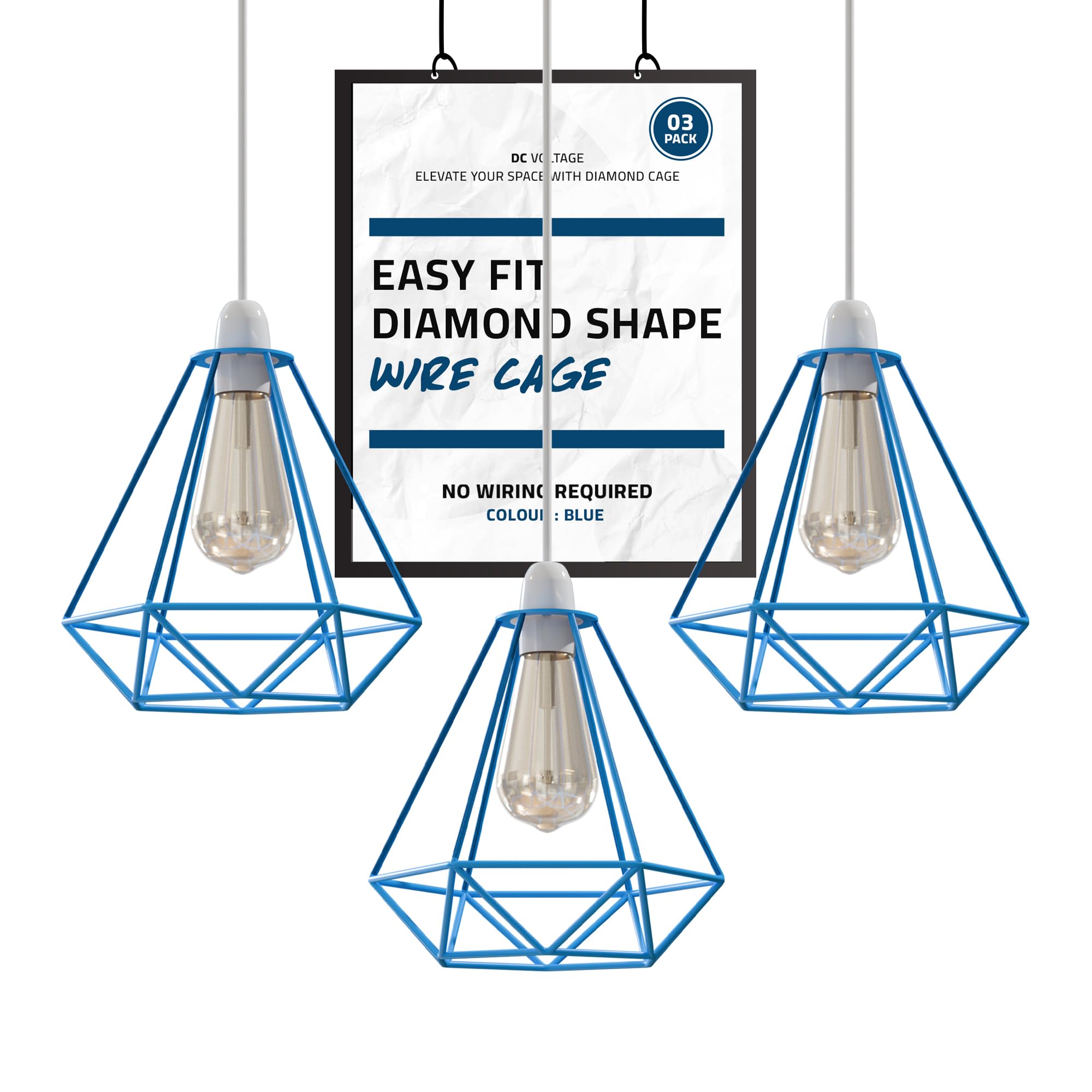 3 Pack of Metal Blue Diamond Shaped Pendant Light Shade Lampshade Industrial Easy fit Ceiling Indoor Wire cage Lampshade for Kitchen Living Room Corridor (Black) — image 1