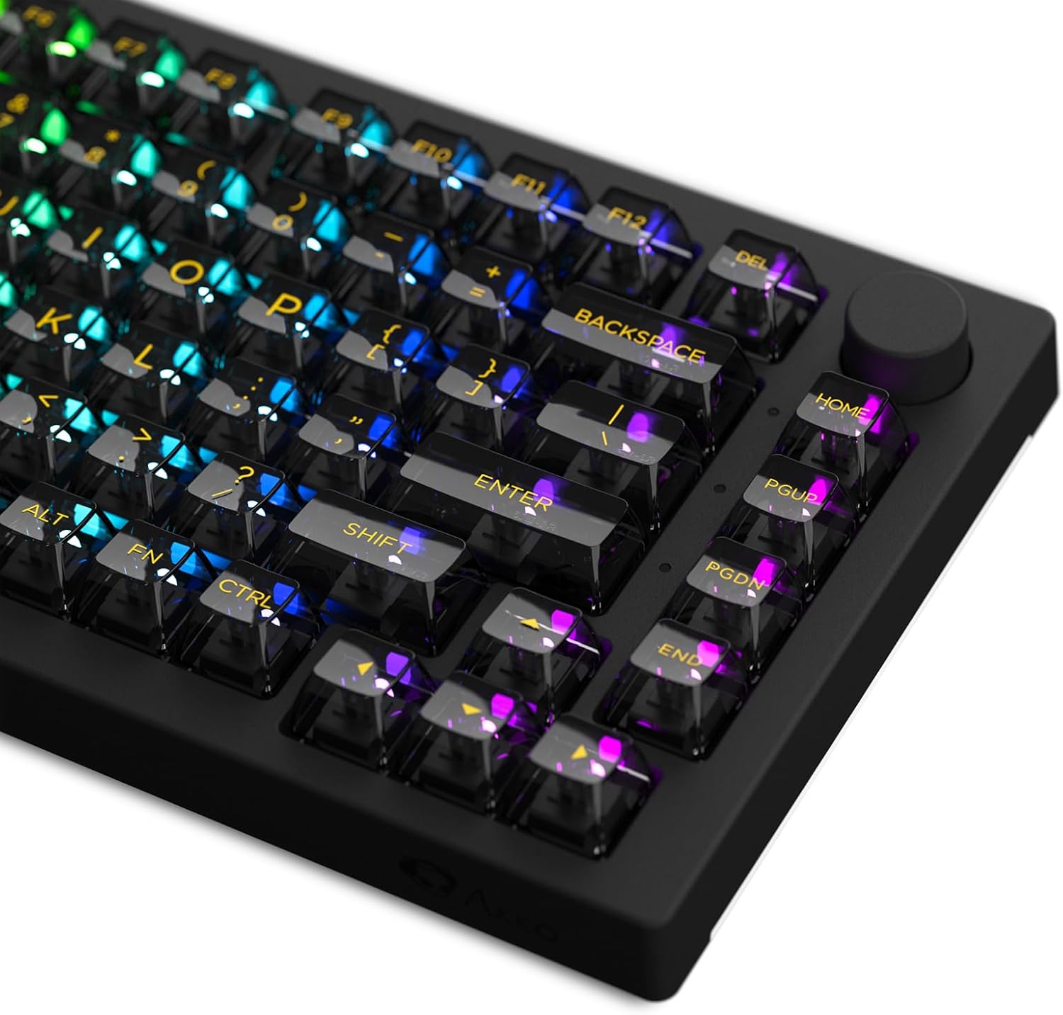 Close-up of Akko 5075B Plus keyboard with RGB lighting on keys
