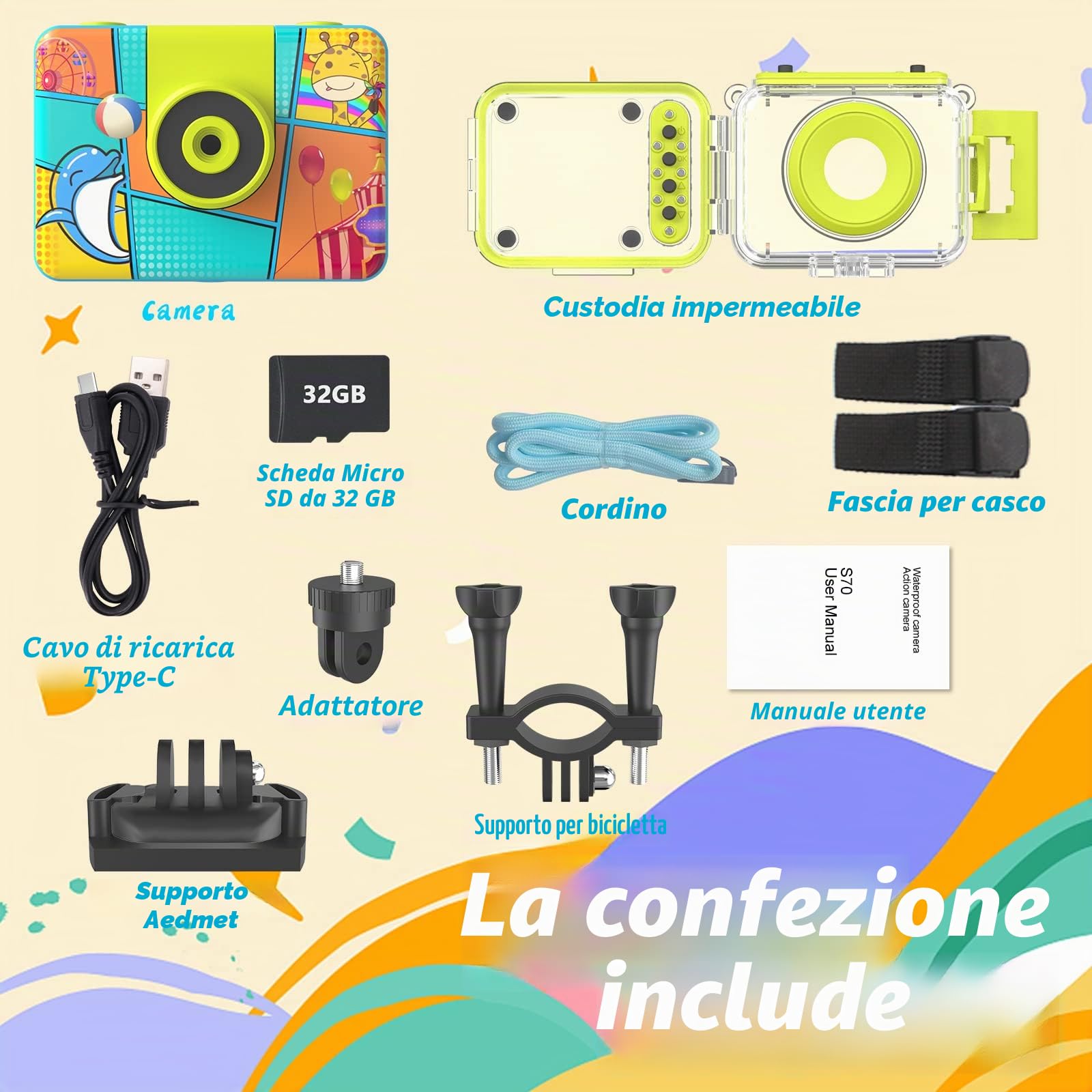 Ushining Fotocamera Impermeabile per Bambini, Macchina Fotografica Digitale Subacquea, HD 1080P Videocamera con 2,0 Pollici Schermo 32GB TF Scheda, Regalo per Ragazzi, Blu