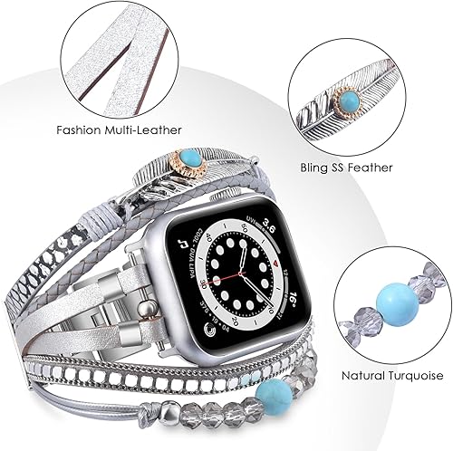 Vista 88 de VISOOM Beaded Boho Bracelet Compatible for Apple Watch Band 40mm/38mm/41mm/42mm iWatch Series 10 9 8 7 SE 6/5/4 Women Leather Fashion Cute Handmade
