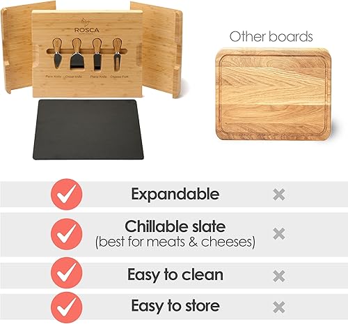 Miniatura 5 de Juego de tablas de queso y embutidos de bambú, juego de regalo de tablero de charcutería extragrande de madera y pizarra, con cuchillo de queso,
