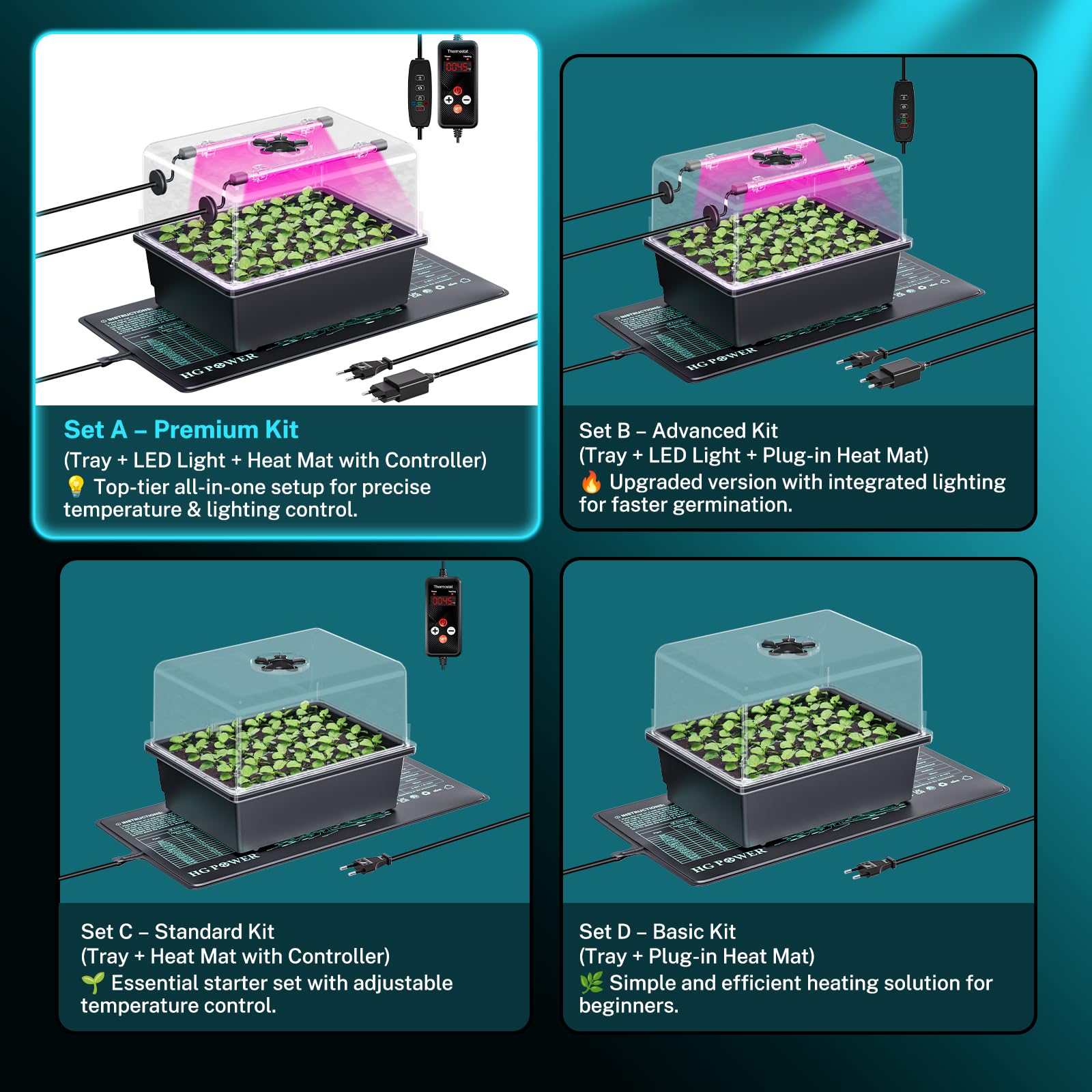 HG Power Kit de semis avec Mini Serre intérieur, Lampe LED pour Plantes et Tapis Chauffant semis avec Thermostat, Serre chauffante 30 cellules avec Couvercle, pour légumes et Herbes