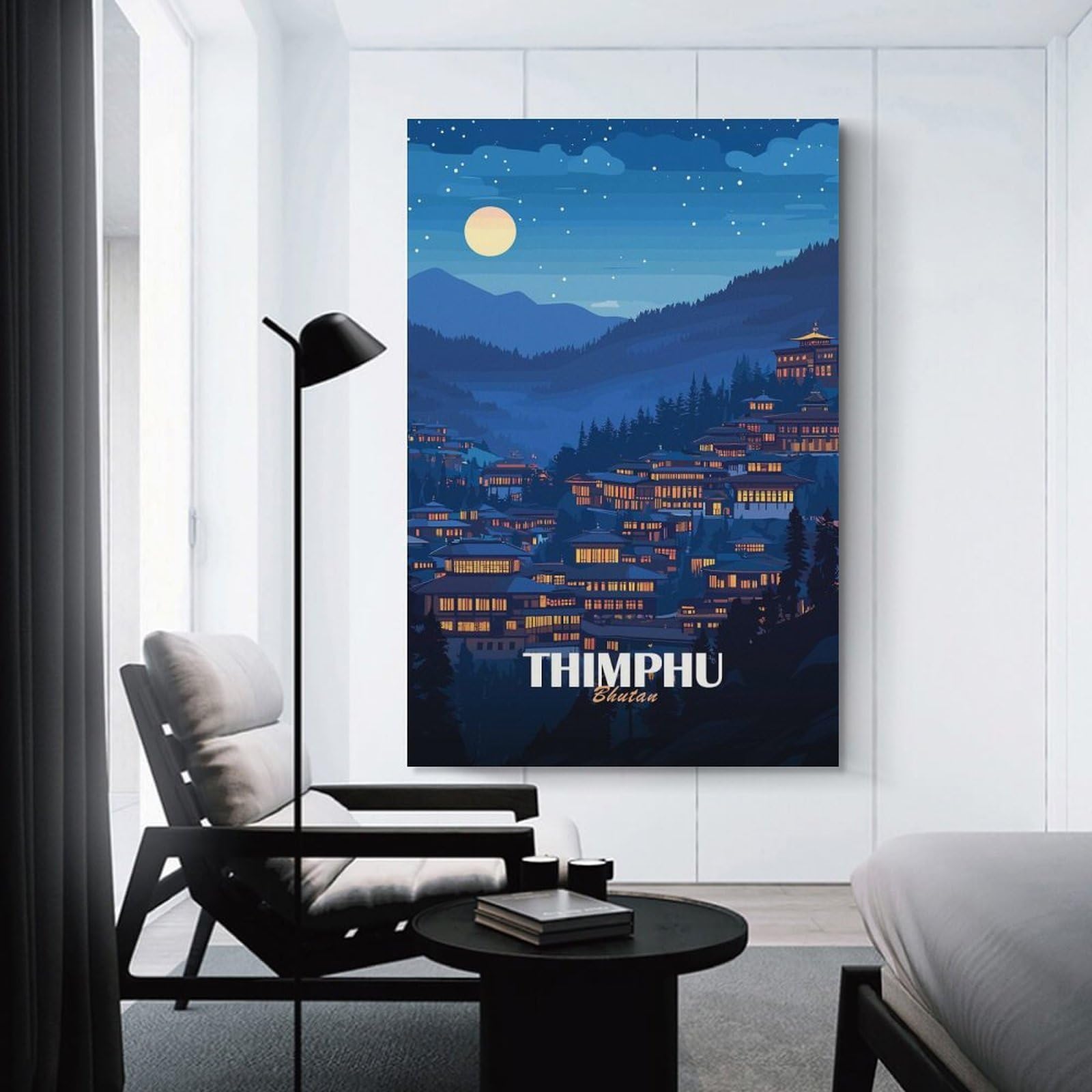 Junmoney Thimphu, Bhutan Nightscape Illustration Wall Art Print, 20x30inch(50x75cm), for Wall Displays, Bedrooms Or Room Updates, A Versatile Canvas Print for Layering