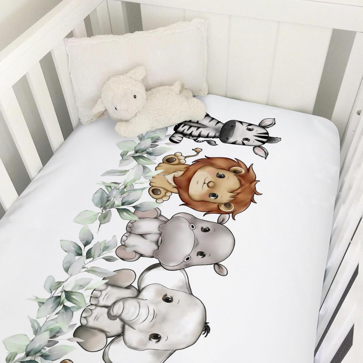 Baby Jungle Safari Animals Boho Green Leaves Baby Crib Sheet 52''x28'' Lion Hippo Elephant Giraffe Zebra Fitted Crib Sheet for Standard Crib and Toddler Mattresses Soft Nursery Bed Sheets for Boy Girl