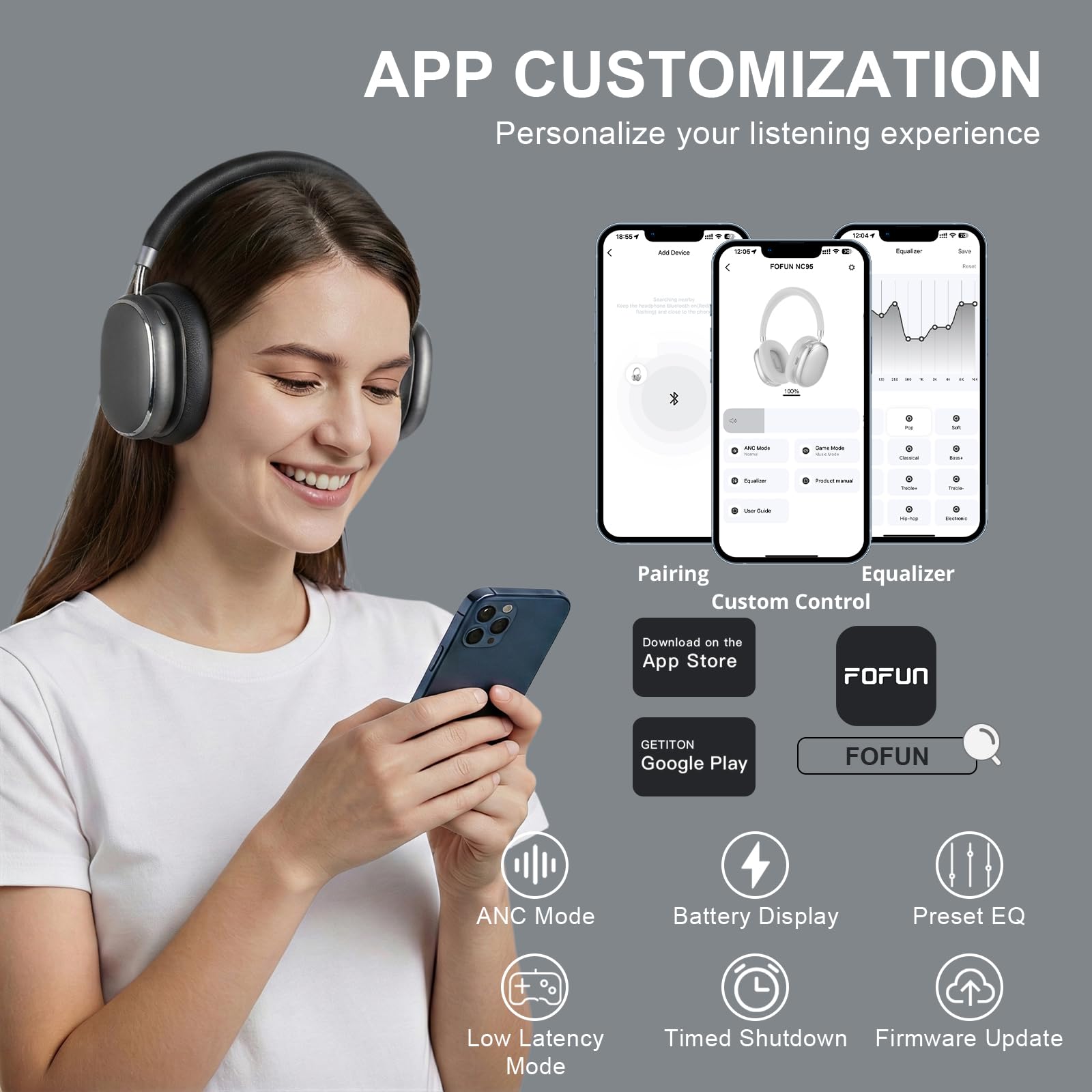 NC95 Hybrid Active Noise Cancelling Headphones,Słuchawki zakładane na uszy,Pokrętłem Sterującym,65 Godzin Odtwarzania,Sterowanie Aplikacją,Wyraźne Połączenia w Podróży/Treningu(czarny)