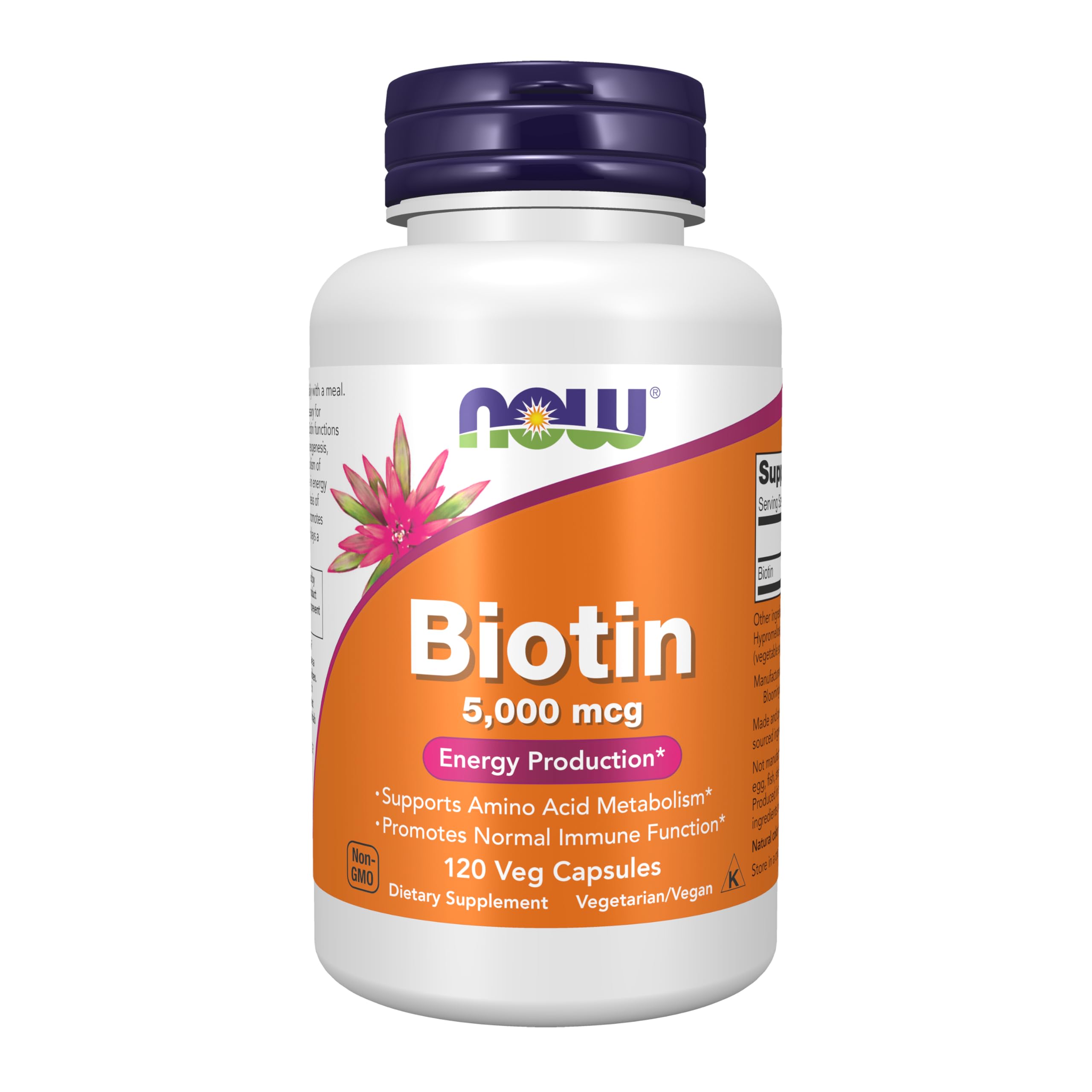 NOW Foods Supplements, Biotin 5,000 mcg, Amino Acid Metabolism*, Energy Production*, 120 Veg Capsules