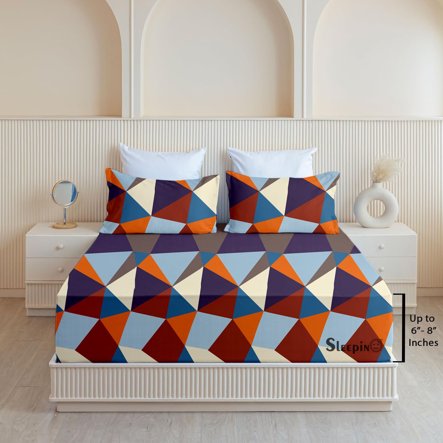 SLEEPINO - All Around Cotton Fitted Bedsheet Queen Size 60x78 Inches | 100% Cotton Queen Size Elastic Bedsheet with 2 Pillow Covers |Multi Colour Geometric (B0D3VCP8W9) Amazon Price History, Amazon Price Tracker