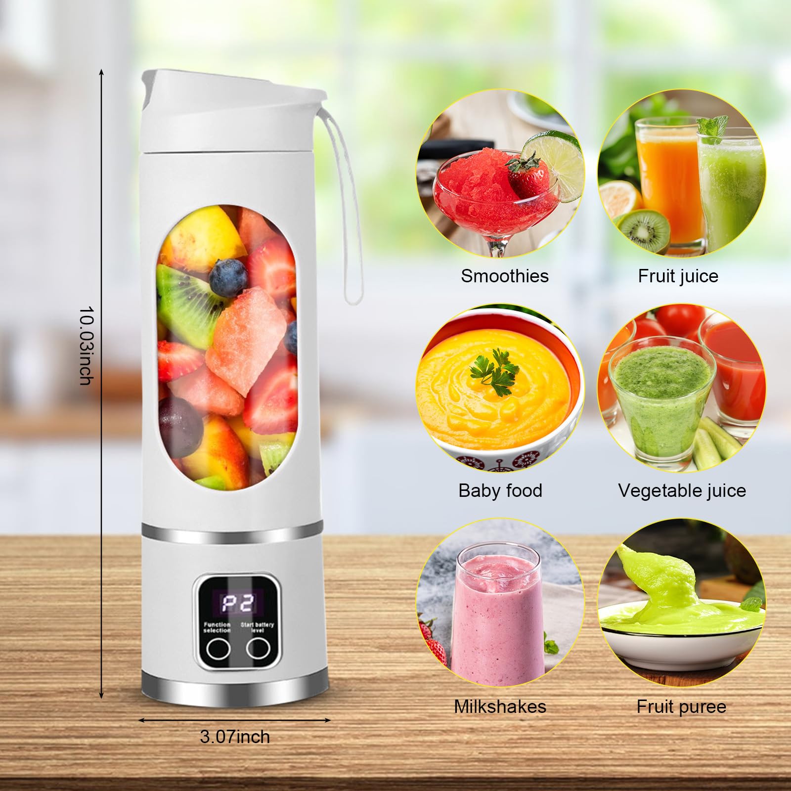 Yuragim Tragbarer Mixer Smoothie Maker To Go, 450ML Portable Blender mit LED Display & 12 Edelstahlklingen, Kabelloser Mini Standmixer USB-C Wiederaufladbar für Shakes, Sport, Reisen und Outdoor