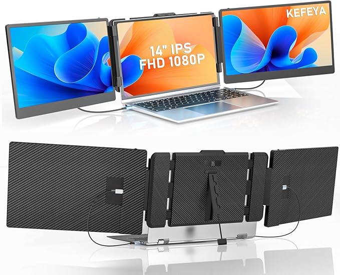 KEFEYA Laptop Screen Extender, 14” Laptop Triple Screen Extender Monitor, Portable Monitor Extender for 13”-17.3” Laptop with FHD IPS Display for Mac, Windows, Chrome and Switch, Plug and Play