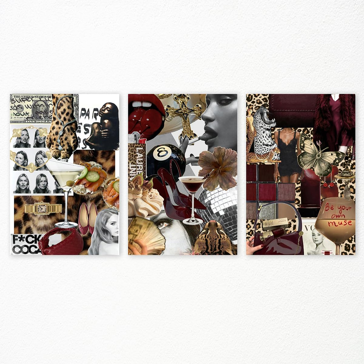 Set of 3 Kate Moss Poster, Retro 90s Fashion Canvas Wall Art, Funky Red Black Magazine Cover Print, Leopard Print Boot Poster, Cocktail Bar Cart Art Decor, Y2K Posters for Wall 8x12in Unframed