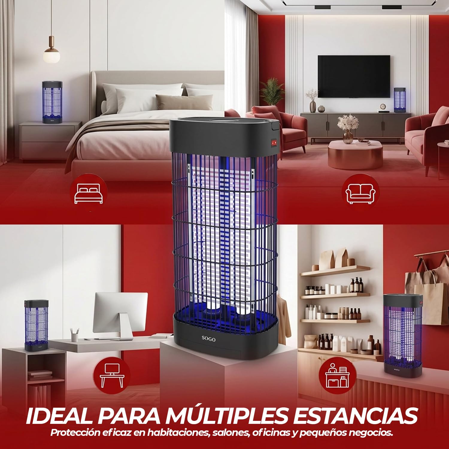 Sogo Lámpara Antimosquitos Eléctrica 2x10 W para hasta 80 m² - Mata Mosquitos Eléctrico sin Químicos ni Olores - Mata Moscas Eléctrico con Luz y Bandeja Extraíble para Interior