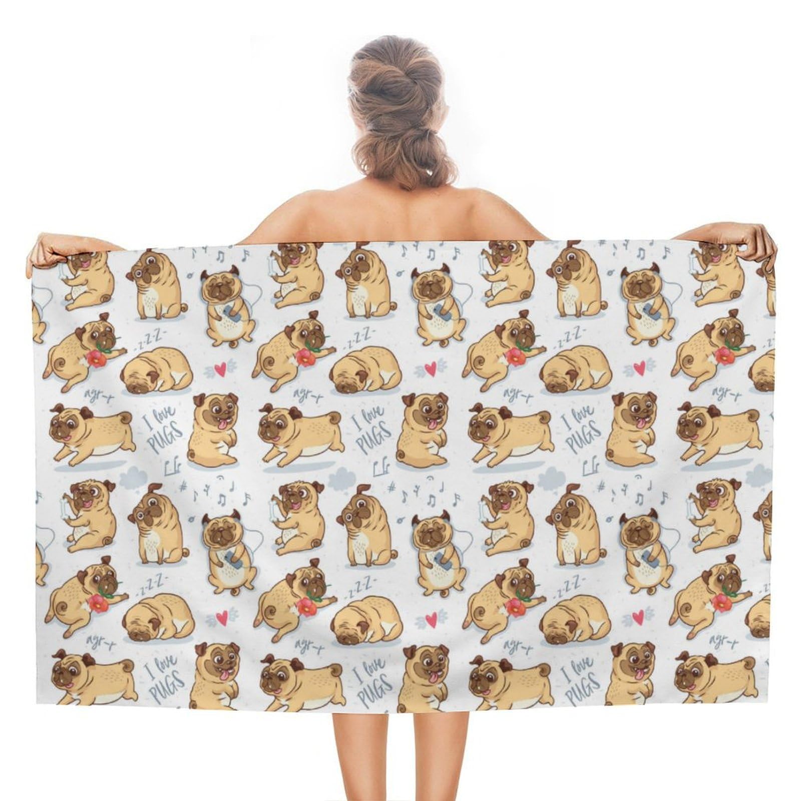 LWORZIIB Beach Towel, Pug Dog Bath Towel, Absorbent Towel for Swimming, Sports, Travel