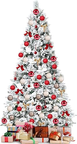 Happygrill Árbol de Navidad artificial de 7 pies con bisagras con 919 puntas de rama, soporte de metal, bayas blancas y flores, decoración de