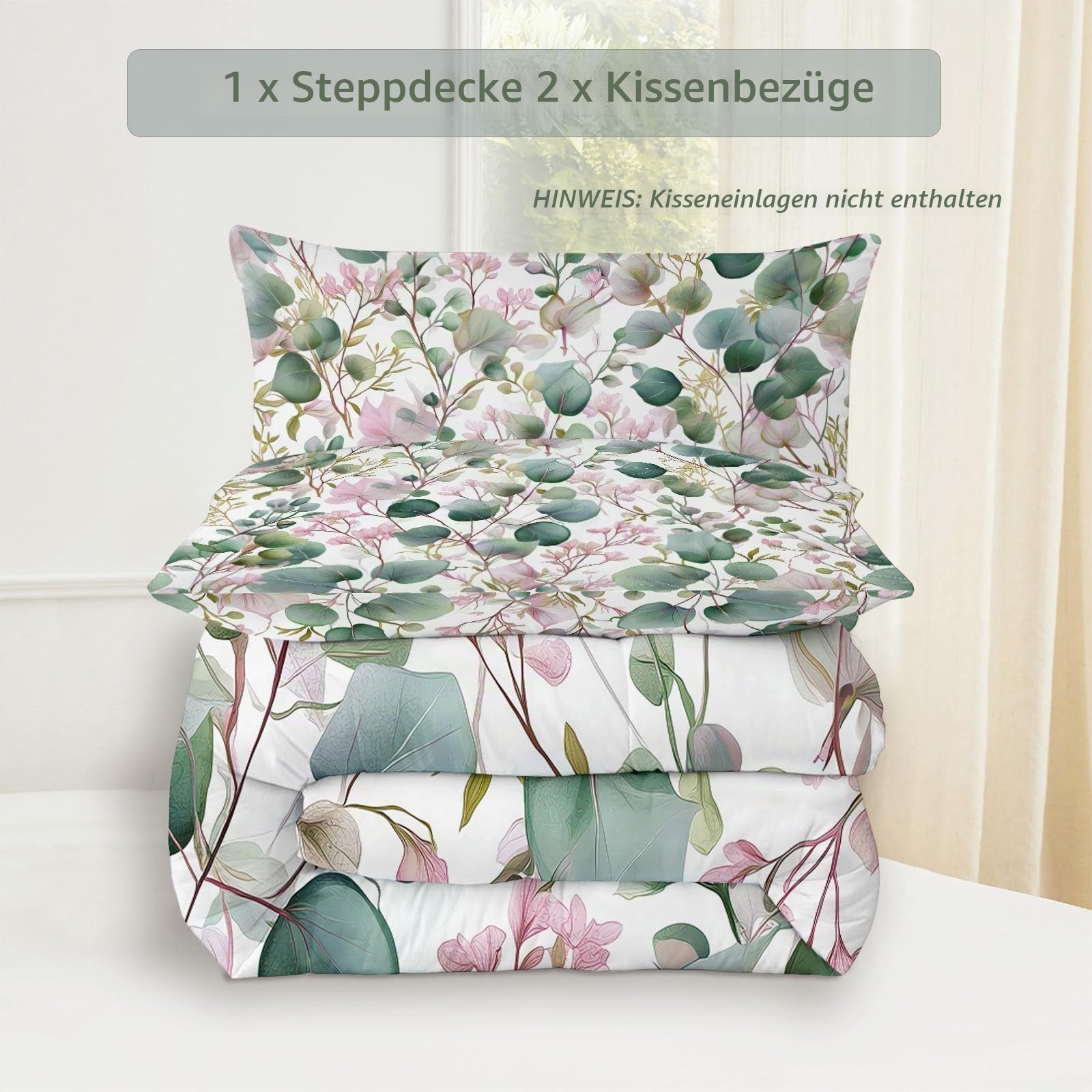 Bettdecke 4-Jahreszeiten Steppdecke in 135x200 cm mit Pflanzen Eukalyptusblätter Wildblumen, Warme und Weiche Schlafdecke ohne Bezug mit 2 Kissenbezügen, Rosa Grün