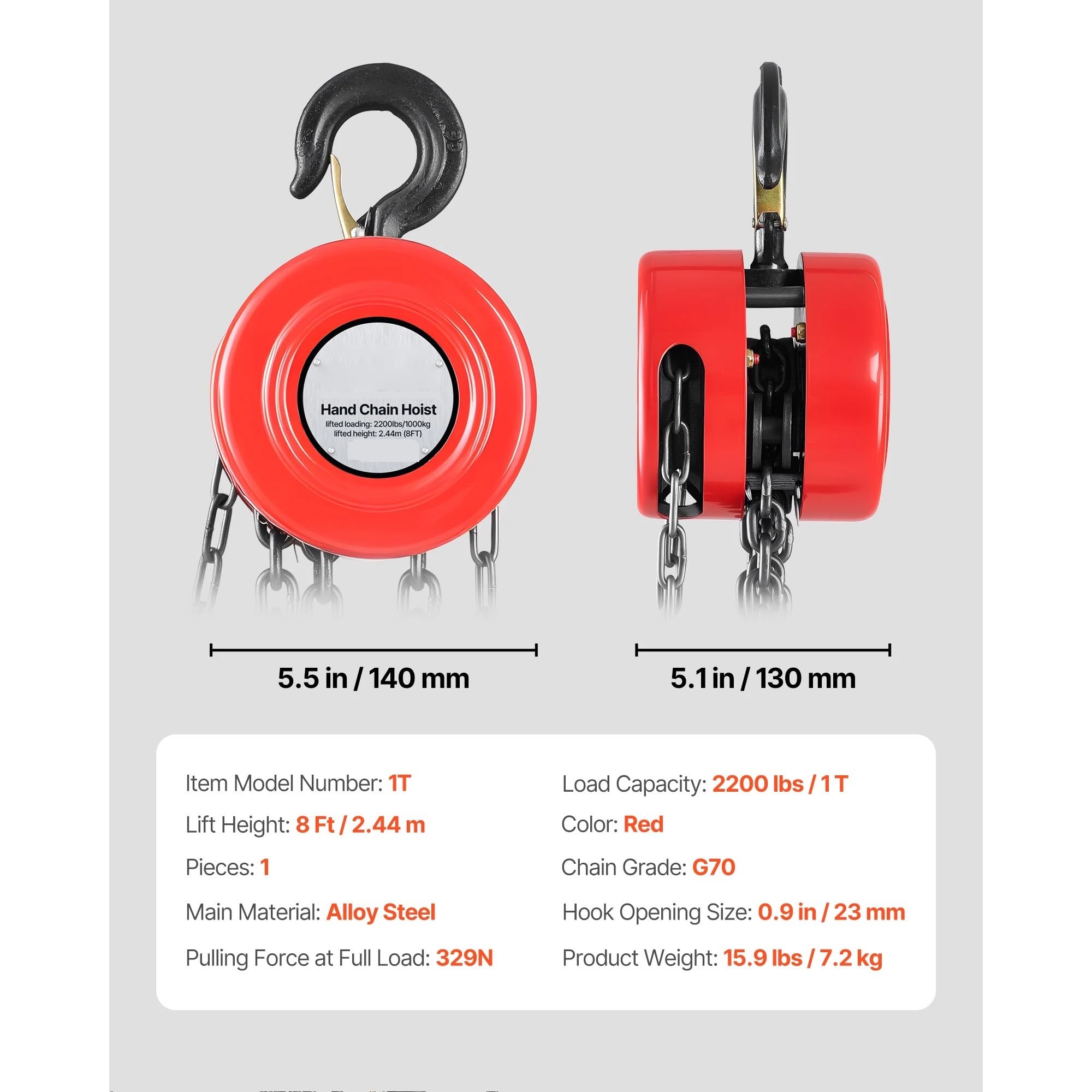 Elektro-Seilzug 1T/2T Handkettenzug-Handblock mit 8/10/20 Fuß Hubhöhenrolle für Garagenlagermaschinen(1T 8FT)