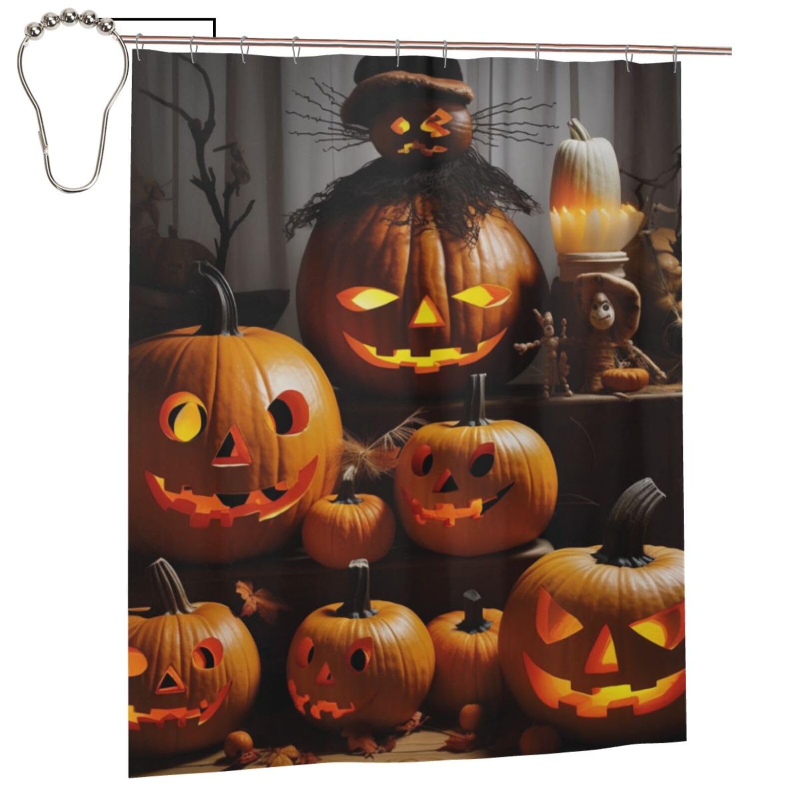 BWWHCCTI Halloween Pumpkins Printed Shower Curtain With 12 Iron Hooks Opaque Quick Drying Waterproof Shower Curtains Sets For Bathroom 152x183 Cm