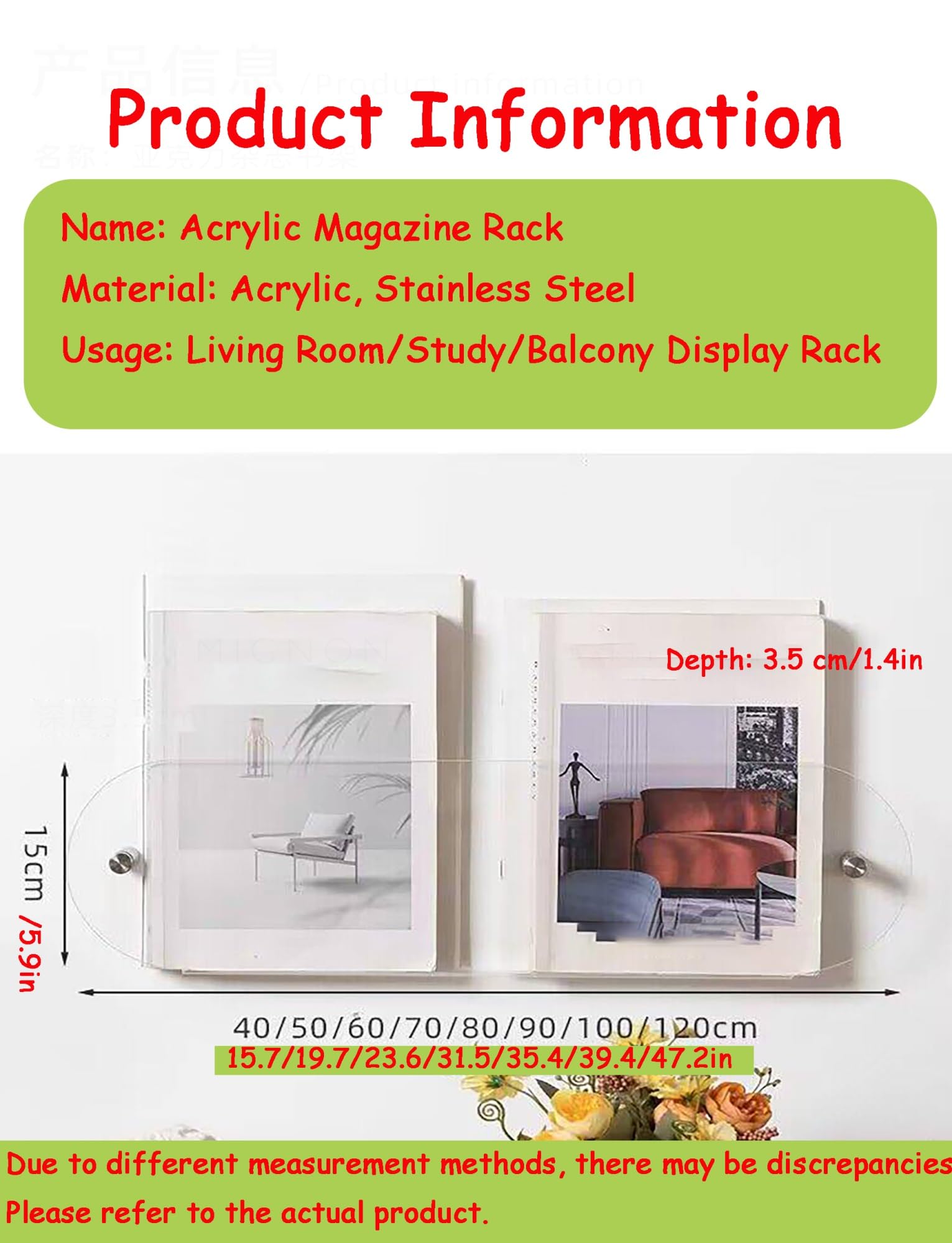 Portariviste da parete in acrilico, libreria galleggiante e espositore for brochure, organizer trasparente for il soggiorno dell'ufficio domestico(Grey,100X15X3.5cm)