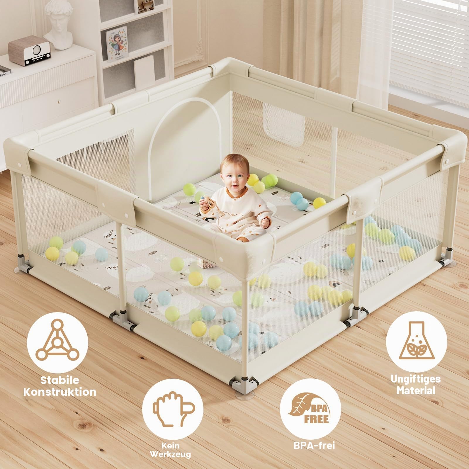 Laufstall Baby mit Matratze, Beige 120x120 Kleines Laufgitter Baby mit Matte, Laufstall für Apartment, Laufgitter mit Atmungsaktivem Netz an Vier Seiten und Saugnäpfen