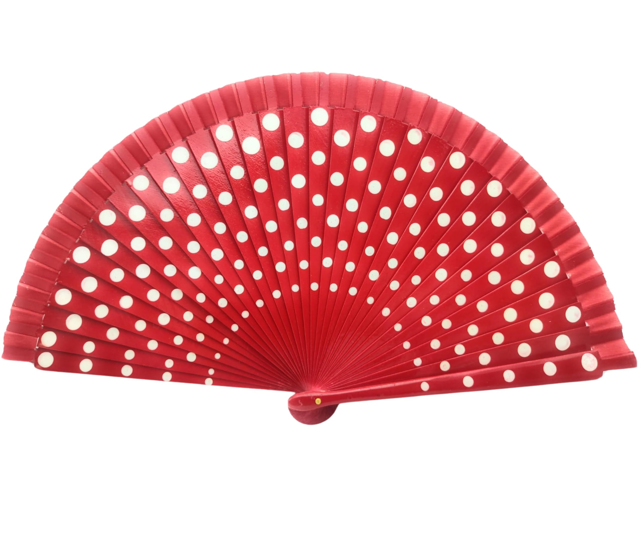 Abanico Plegable con Funda para Abanico. Tela Estampada de Algodón sobre Madera. Lunares Pintados. con Llavero de Costumbres Españolas (Rojo Lunares Blancos)