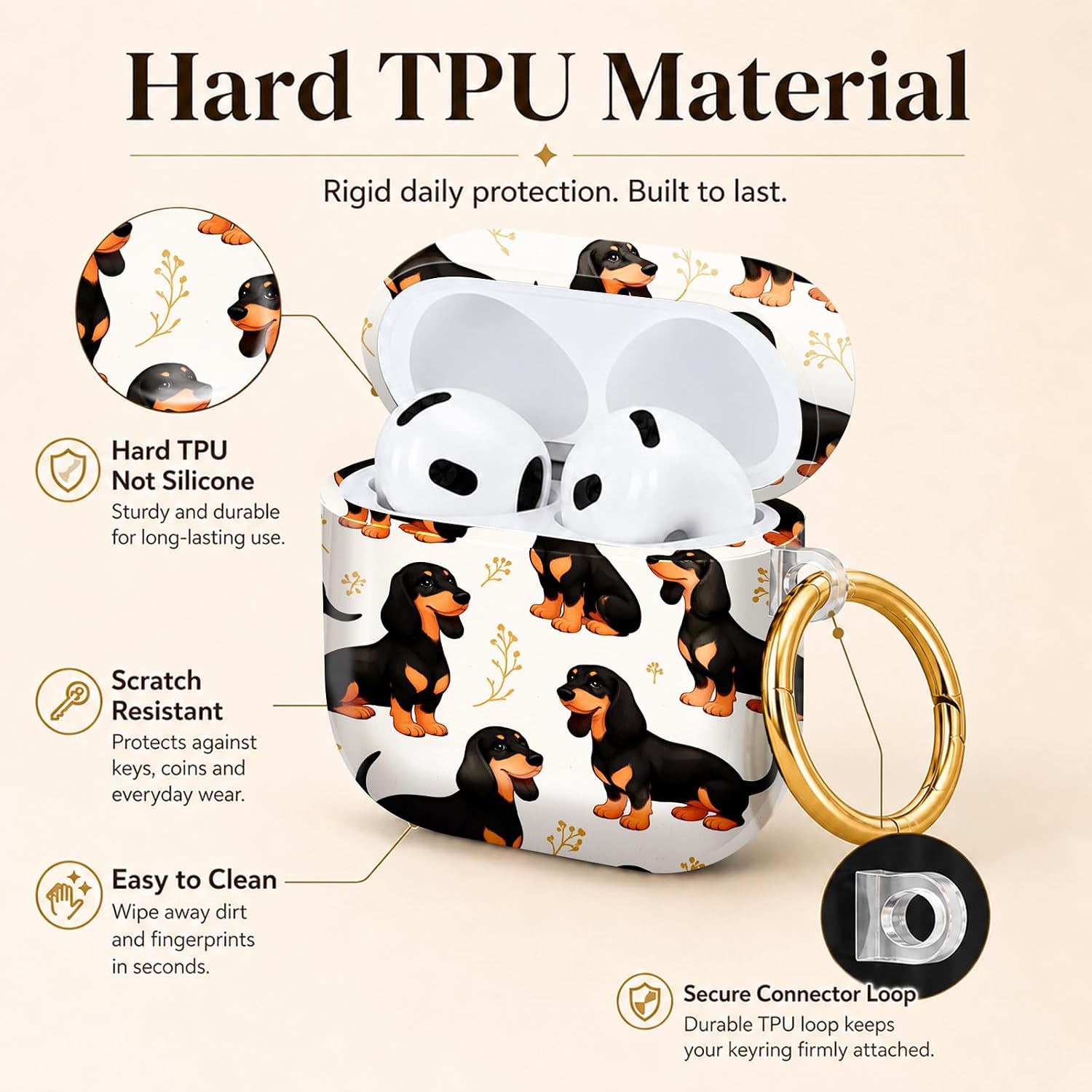 Compatible with AirPod 4 Case 2024, Hard Shell Protective Cover with Gold Ring Keychain, Cute Anti-Scratch Case forAirpod 4th Generation Women Men - Dachshund Dog image 4
