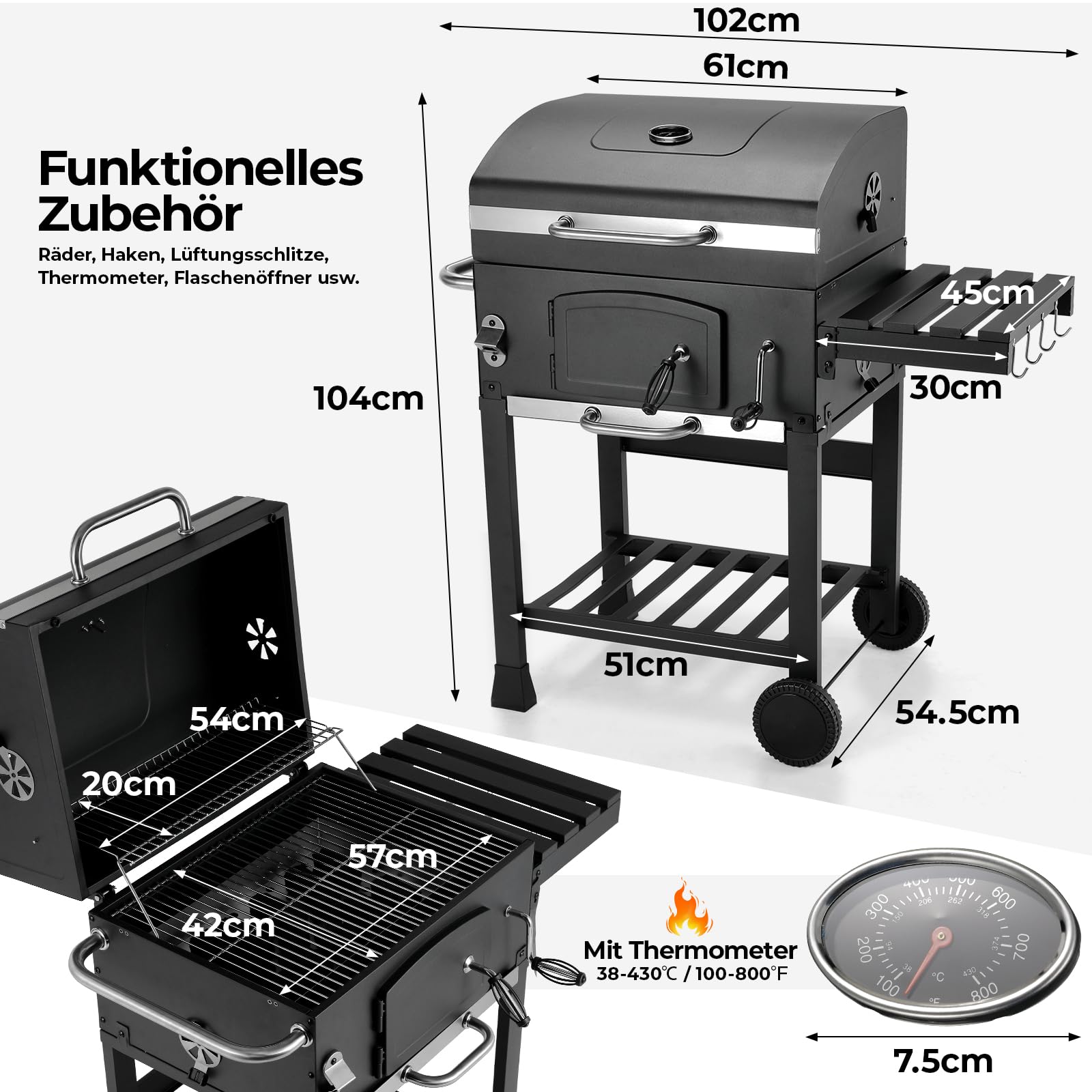 LIFERUN Parrilla Barbacoa Carbon con Tapa, XL BBQ Smoker, Parrilla con Carrito, con 2PCS Ruedas, Termómetro, Grande BBQ Carbon para Camping y Jardín, 102x104x54,5 cm