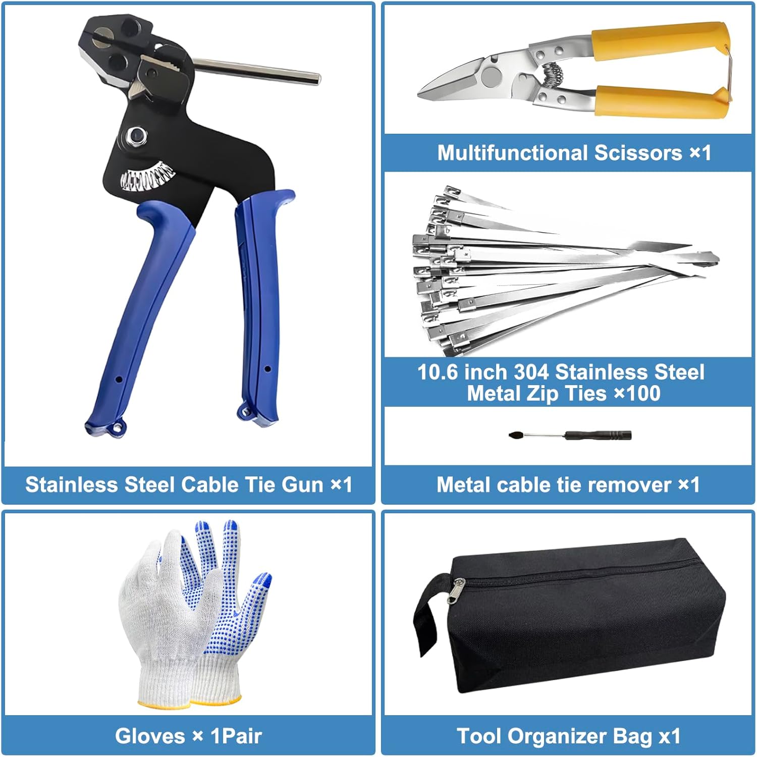 Heavy Duty Stainless Steel Zip Tie Gun Kit with 100pcs Self-Locking Metal Cable Ties, Duty Outdoor Adjustable Fastening Cutting Tie Tool Sets, Durable & Adjustable Tool Set (Blue)