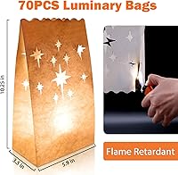 Vista 3 de Ranslen 70 bolsas luminarias blancas con recortes de fuegos artificiales, resistentes a las llamas, bolsas de velas de Halloween, bolsas de linterna