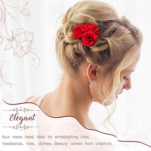 Miniatura 5 de Yunsailing 120 piezas de rosas rojas artificiales para boda, a granel, rosas rojas falsas, cabezas de flores pequeñas para decoración, manualidades,