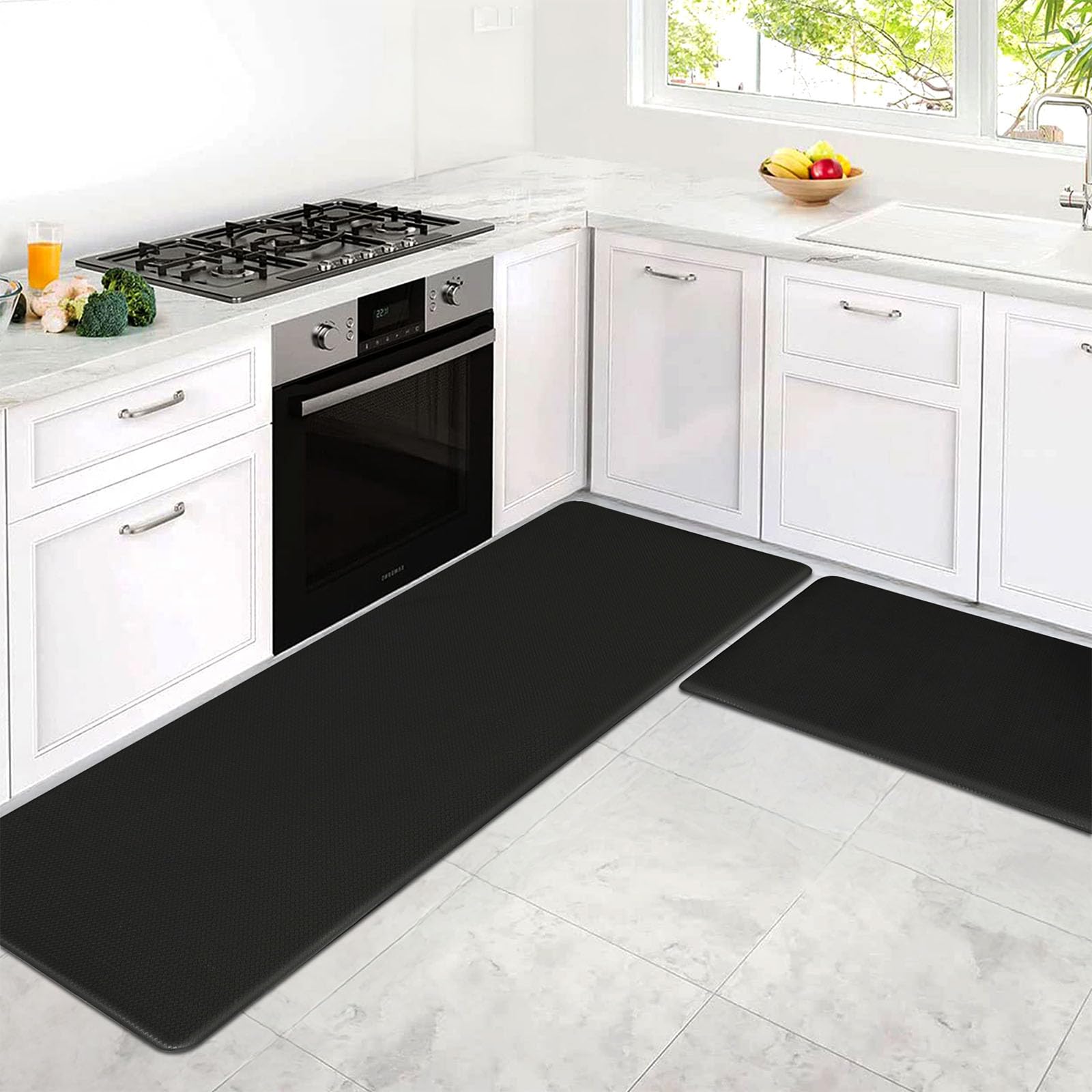 MARLOW Kitchen Rug Mat Sets, Anti Fatigue Kitchen PU Mats, Washable Cushioned Runner Rug, Thick Waterproof Non Slip Ergonomic Comfort Foam Rugs, for Sink Laundry, Black, 44x74cm+44x150cm โ image 1