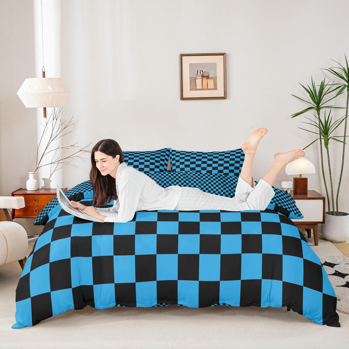 Manfei Blue Black Grid Duvet Cover Set Queen Size, Reversible Geometric Plaid Square Bedding Set 3pcs, Kids Boys Girls Room Decor, Soft Lattice Checkerd Quilt Cover, 2 Pillowcases, No Comforter