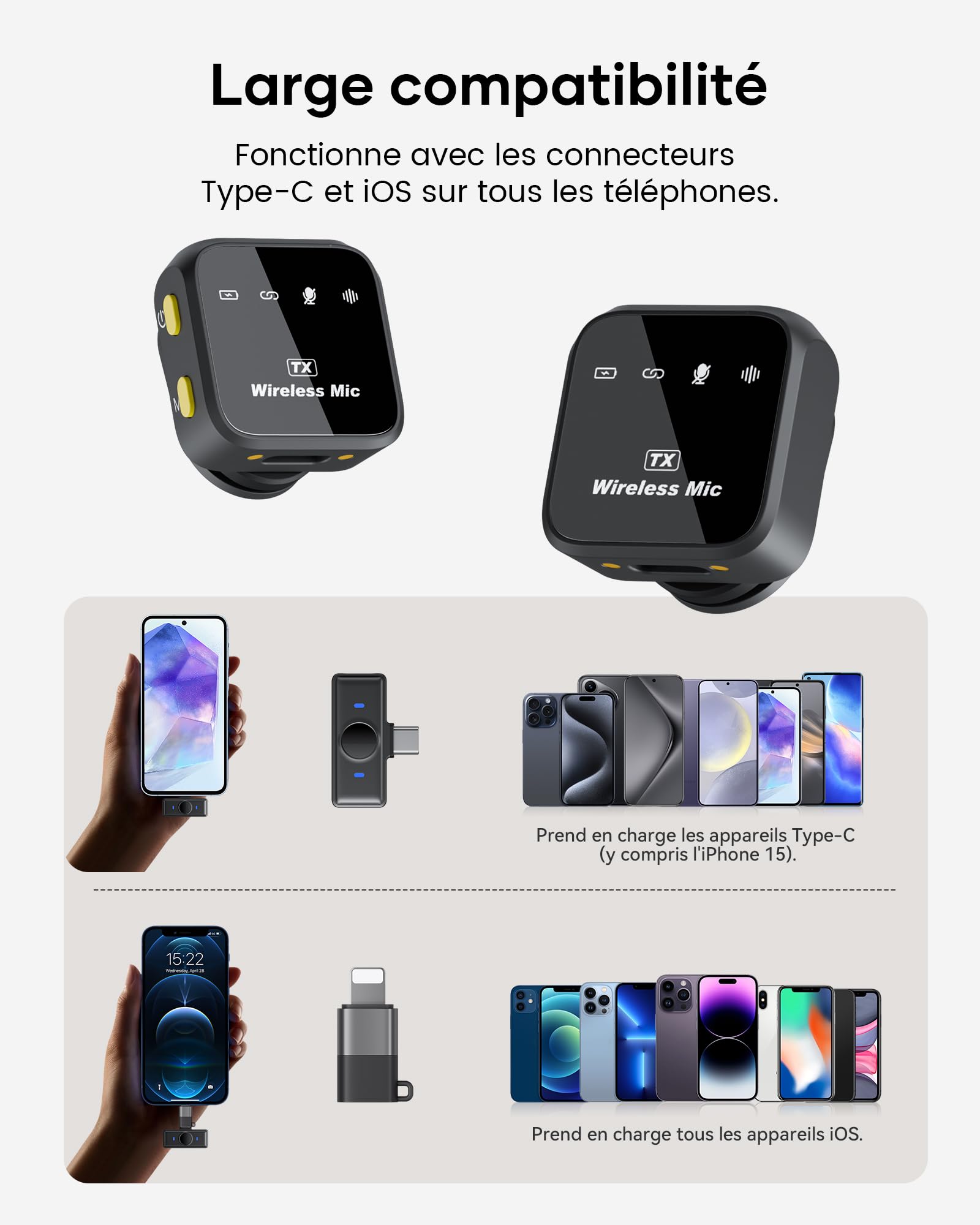 KUKIHO Microfono inalambrico Mini de Solapa para iPhone y Android，Microfono de Clip para Video/Vlogs/Youtube/TikTok Podcasts Estuche de Carga, 80h de autonomía, 50m Alcance.