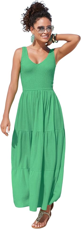 LASCANA Womens Smocked V-Neck Maxi Dress