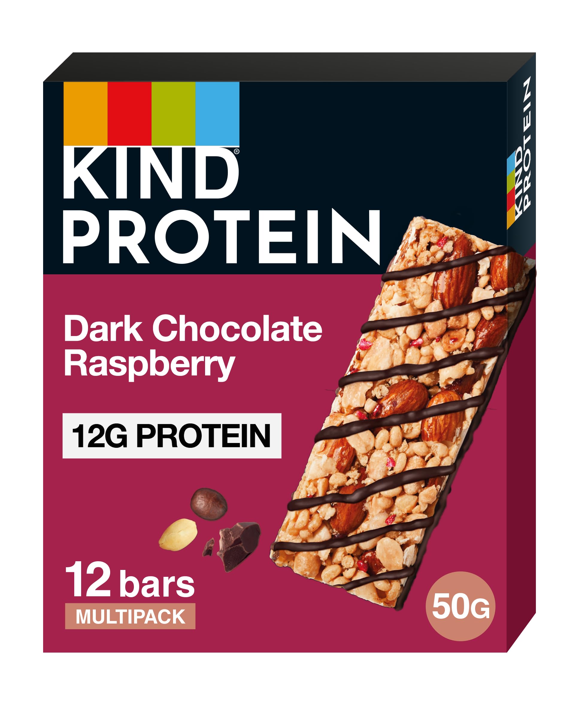 KIND Protein Bars, Gluten Free Snack Bars, Dark Chocolate Raspberry, High Fibre, Healthy Snack, Source of Protein, Multipack 12 x 50g,Packaging may vary