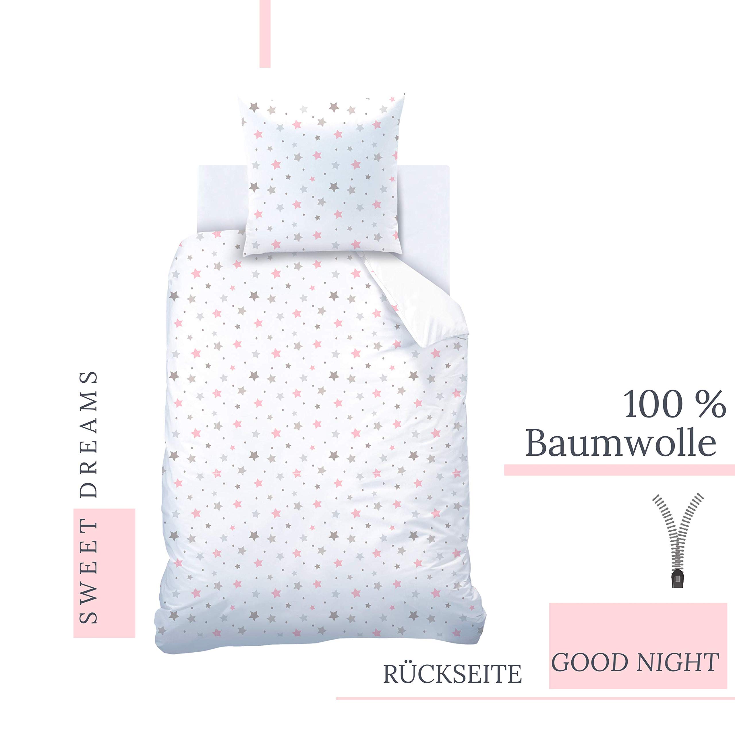 Sweet Dreams Juego de Ropa de Cama con diseño de Estrellas, 135 x 200 cm, Ropa de Cama Infantil, pestañas y Estrellas, Funda de Almohada de 80 x 80 cm y Funda nórdica de 135 x 200 cm, 100% algodón