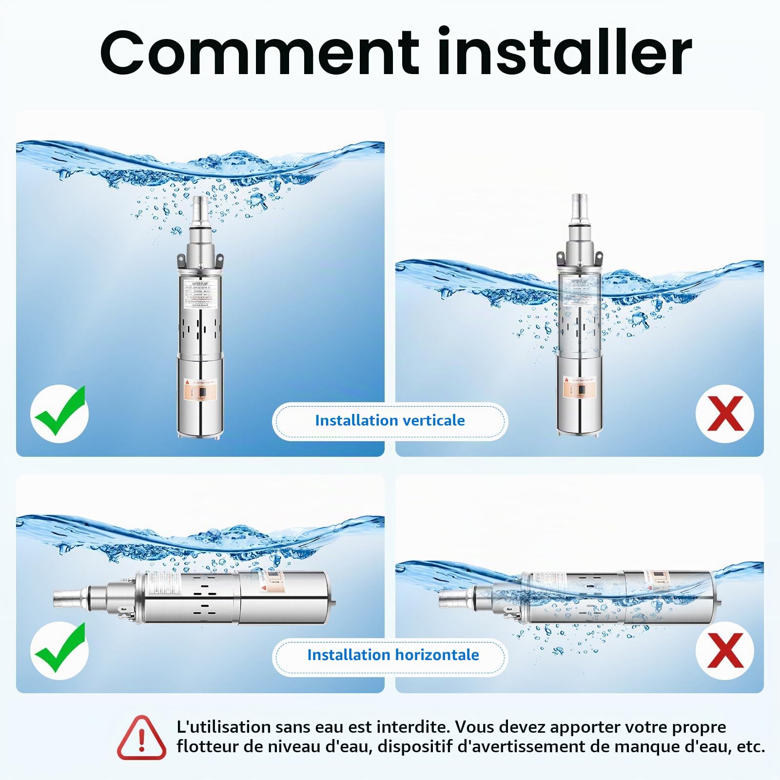 Pompe de puits profond, 12 V, 180 W, en acier inoxydable, submersible, sortie de 25 mm à 20 m, 1,2 m³/h, idéale pour l'irrigation ou l'approvisionnement en eau