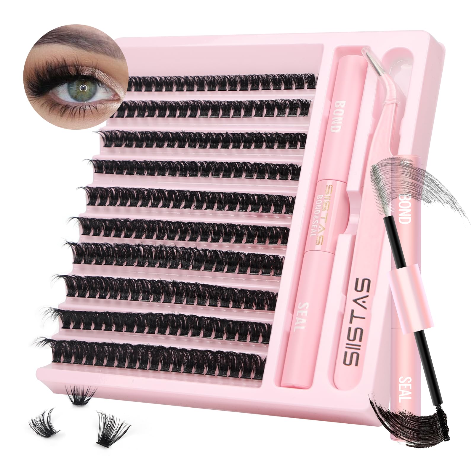 DIY Lash Extension Kit,200pcs Lash Clusters Individual Lashes Eyelash Extension Kit D Curl Volume Cluster Eyelashes with Lash Bond and Seal and Lash Tweezers,Application at Home Lash Extension Kit(80D
