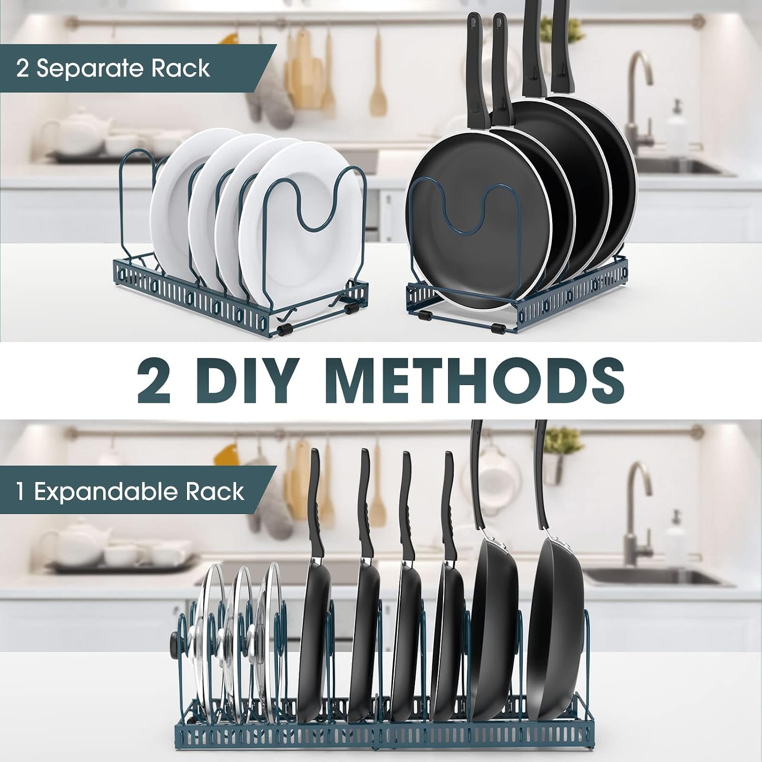 AHNR Expandable Pot and Pan Organizers Rack, 10+ Pans and Pots Lid Organizer Rack Holder, Kitchen Cabinet Pantry Bakeware Organizer Rack Holder with 10 Adjustable Compartments (blue)