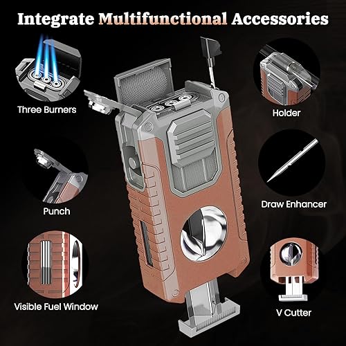 Miniatura 2 de Encendedor de antorcha 5 en 1 con accesorios multifuncionales, llamas de chorro triples (sin gas) (naranja plateado)