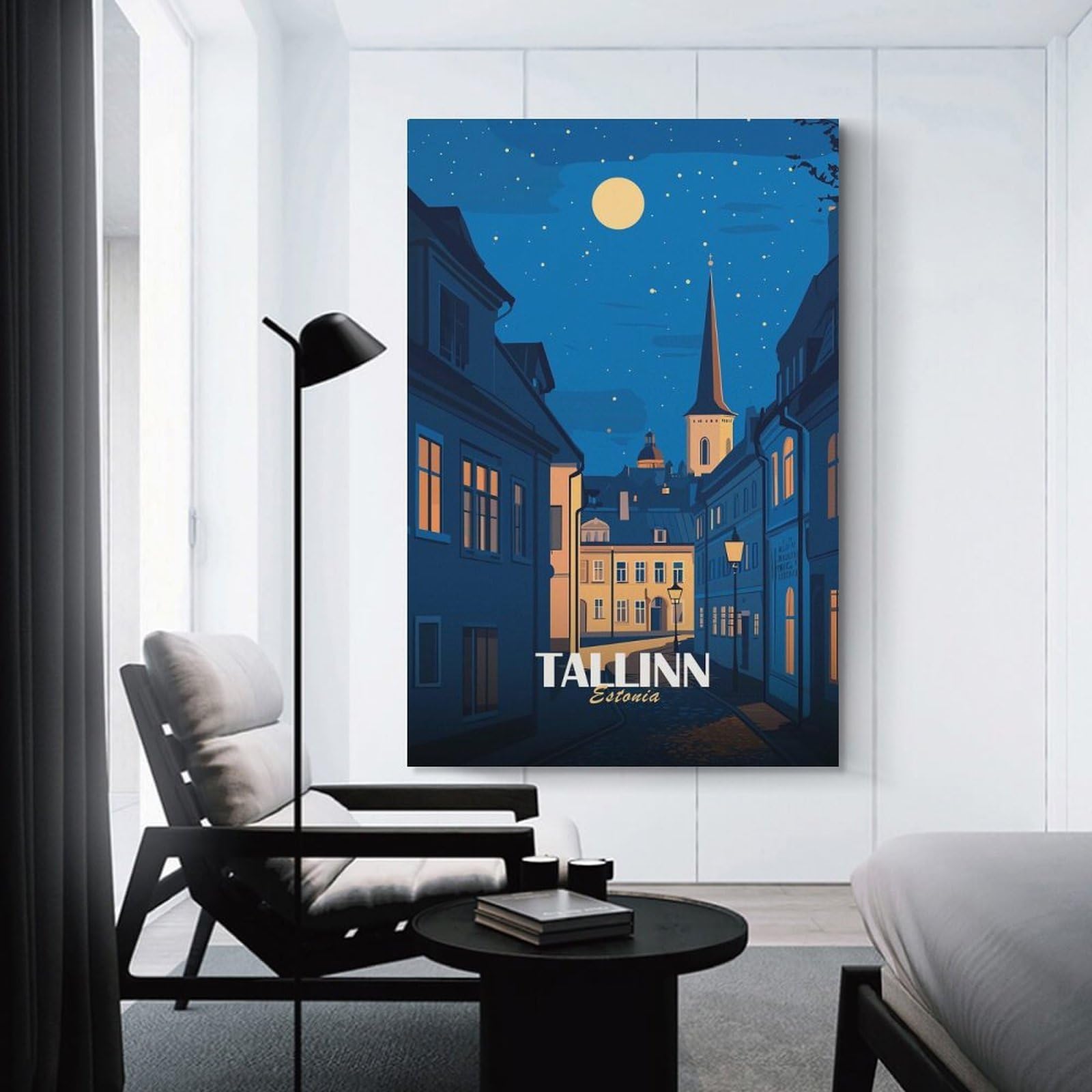 Junmoney Tallinn, Estonia Nightscape Illustration Decorative Wall Artwork 24x36inch(60x90cm), for Living Room, Bedroom, Office Or Hallway, Decorative Artwork with Broad Appeal