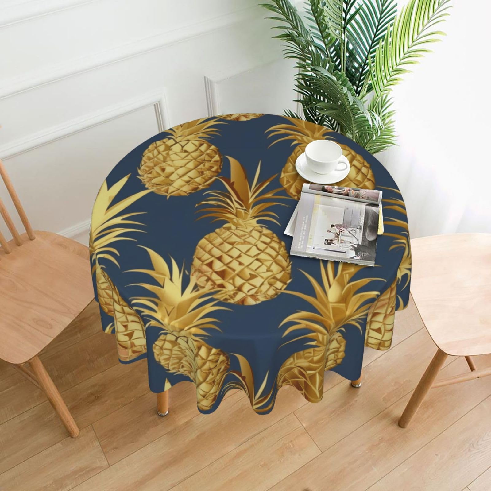 WPKJU Gold Pineapple Background Printed Round Tablecloth 60 in Water Resistant Table Cover Washable Table Cloth for Dining Tables