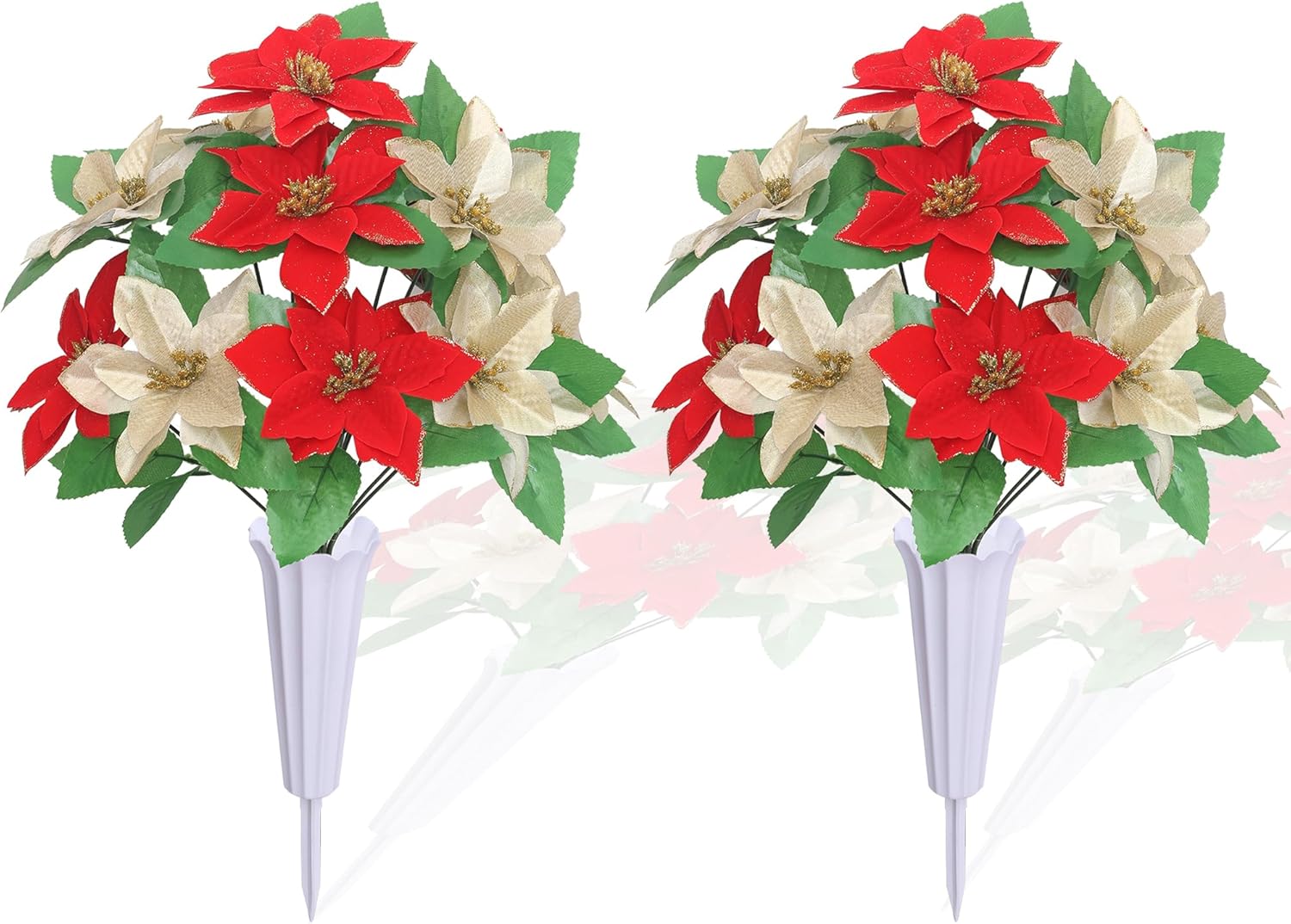 Lodou Artificial Cemetery Flowers for Grave,2 Sets Christmas Artificial Cemetery Flowers with Vase for Grave Christmas Bouquet,Outdoor Grave Decorations (Red Gold)